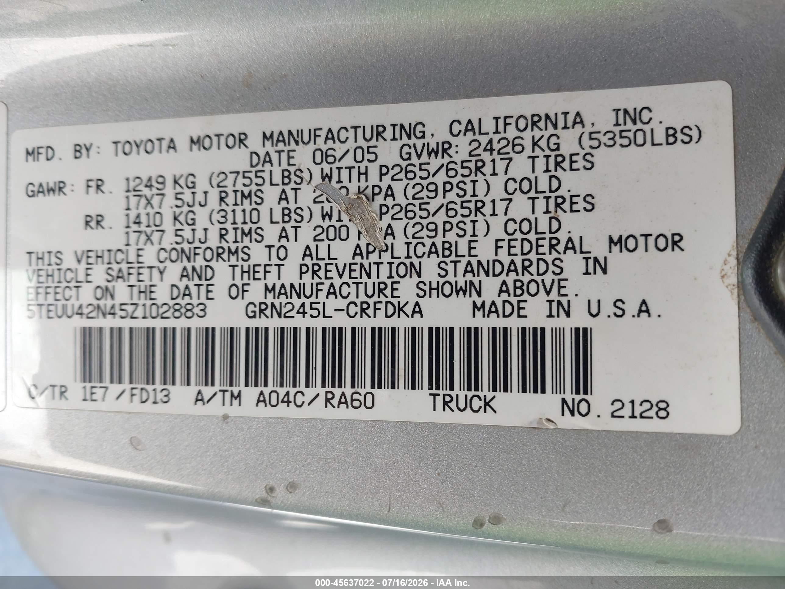 2005 Toyota Tacoma Base V6 Silver vin: 5TEUU42N45Z102883