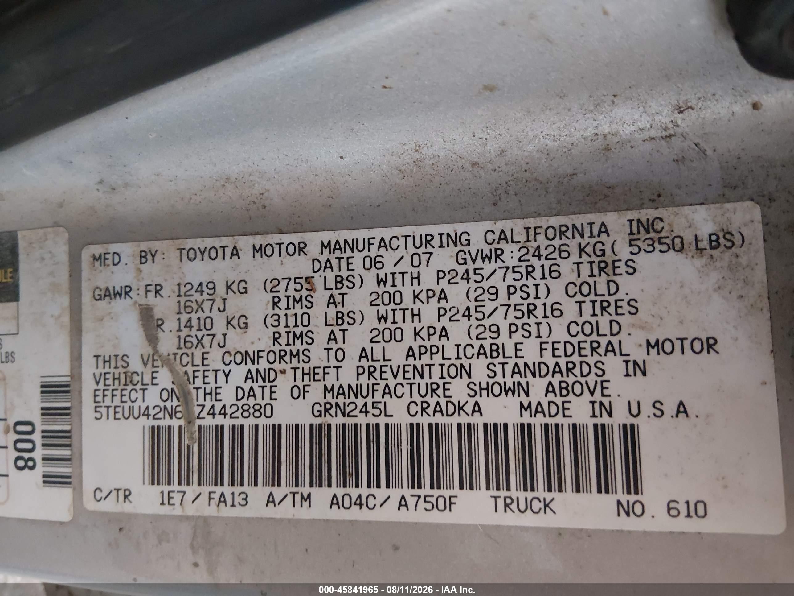 2007 Toyota Tacoma Base V6 Silver vin: 5TEUU42N67Z442880