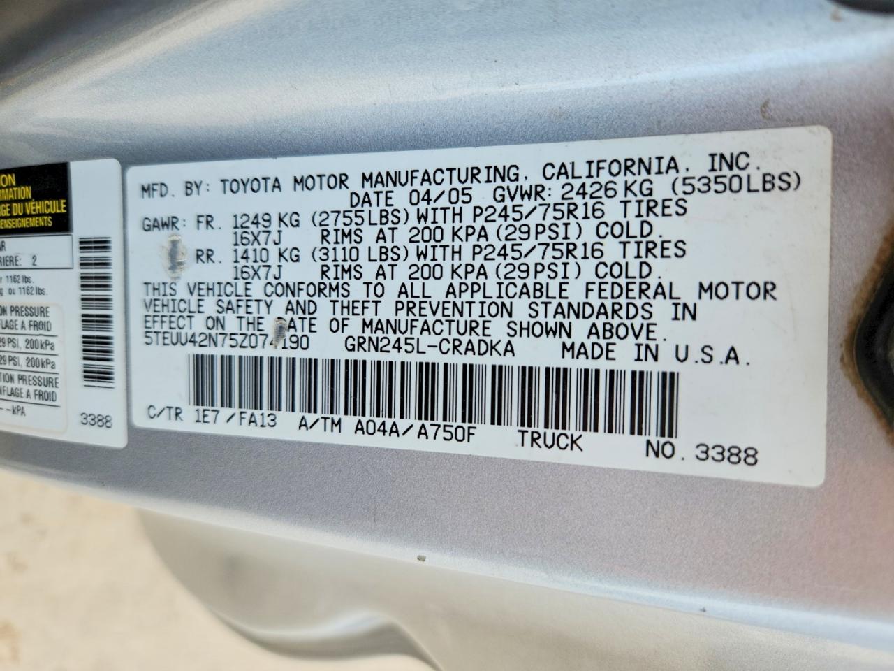 2005 Toyota Tacoma Access Cab Silver vin: 5TEUU42N75Z074190