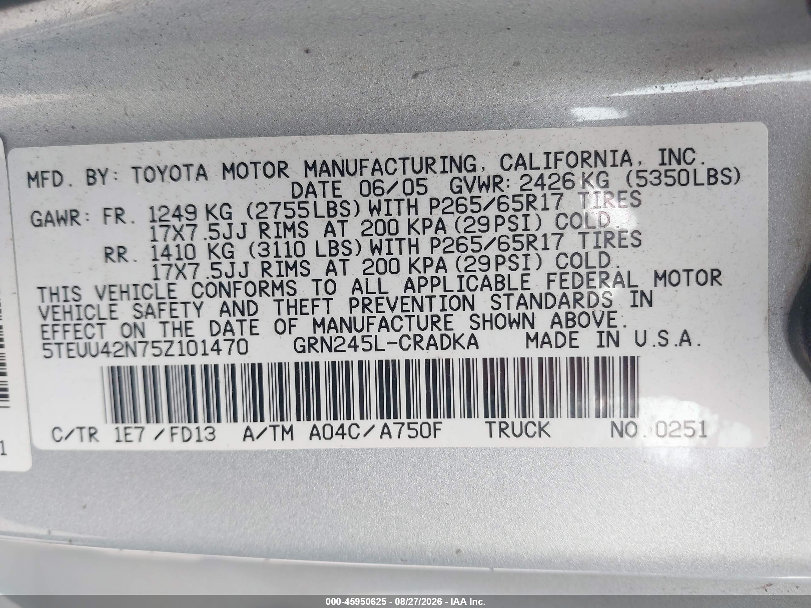 2005 Toyota Tacoma Base V6 Silver vin: 5TEUU42N75Z101470
