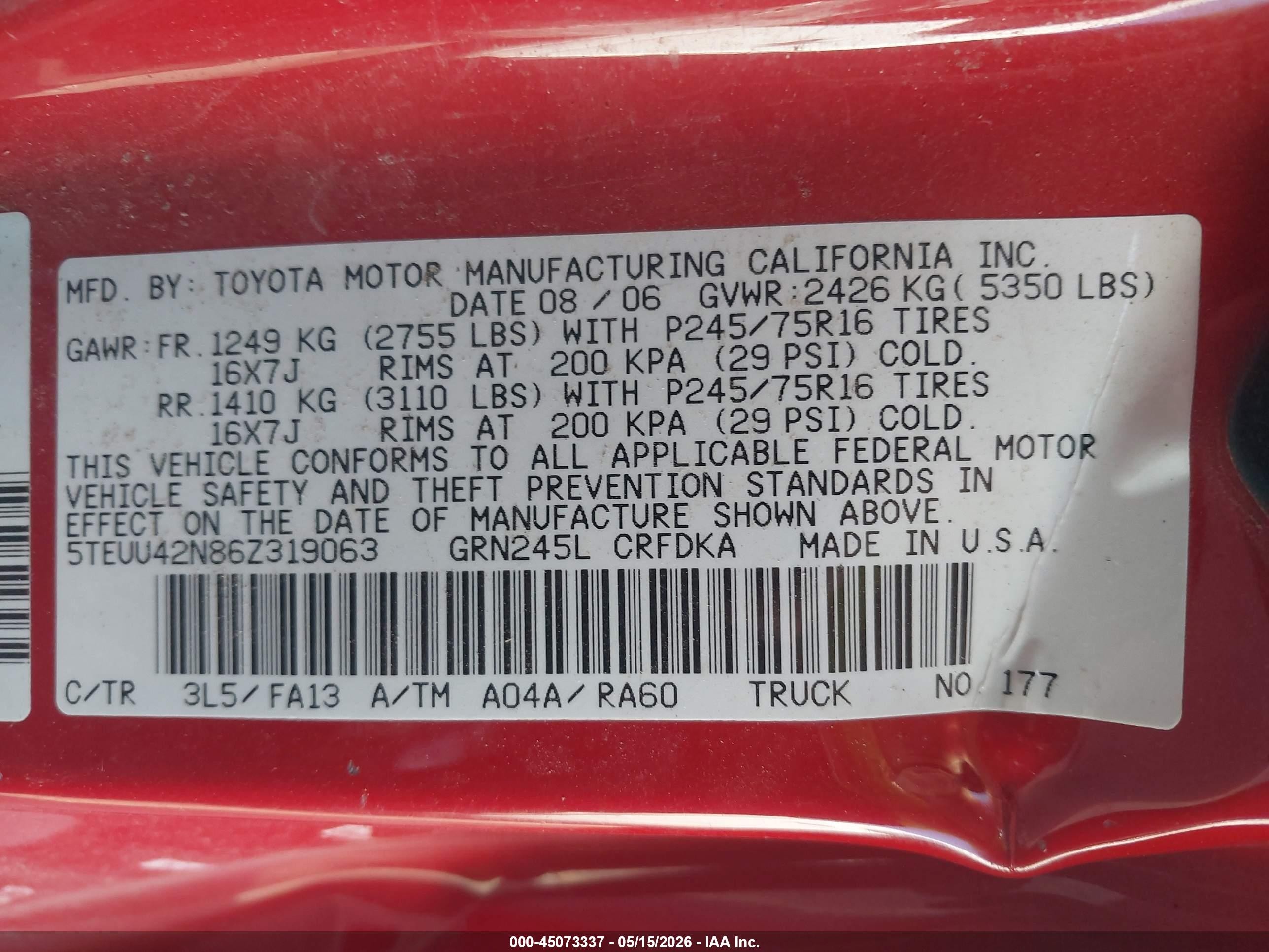 2006 Toyota Tacoma Base V6 Red vin: 5TEUU42N86Z319063