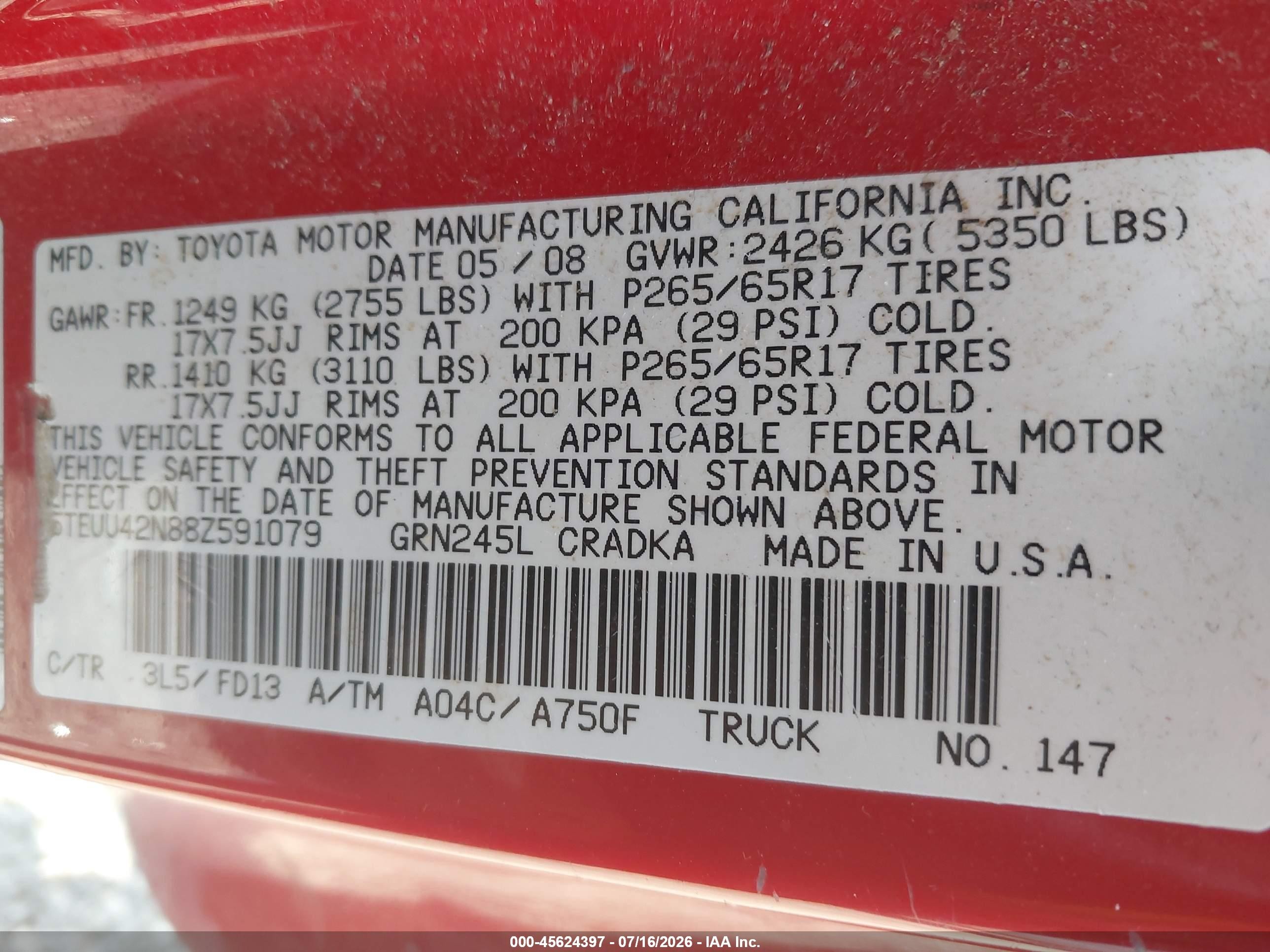 2008 Toyota Tacoma Base V6 Red vin: 5TEUU42N88Z591079