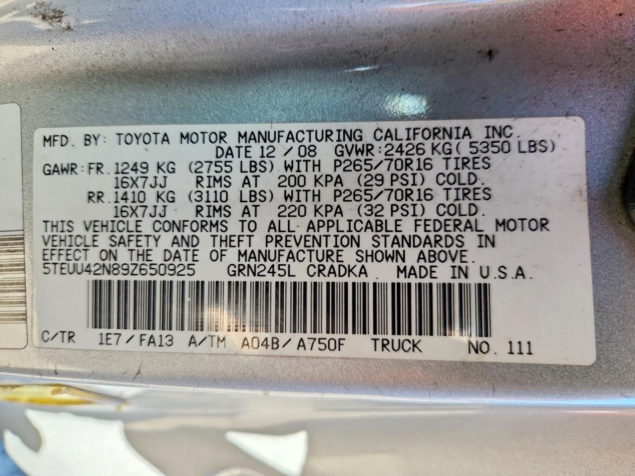 2009 Toyota Tacoma Access Cab Gray vin: 5TEUU42N89Z650925