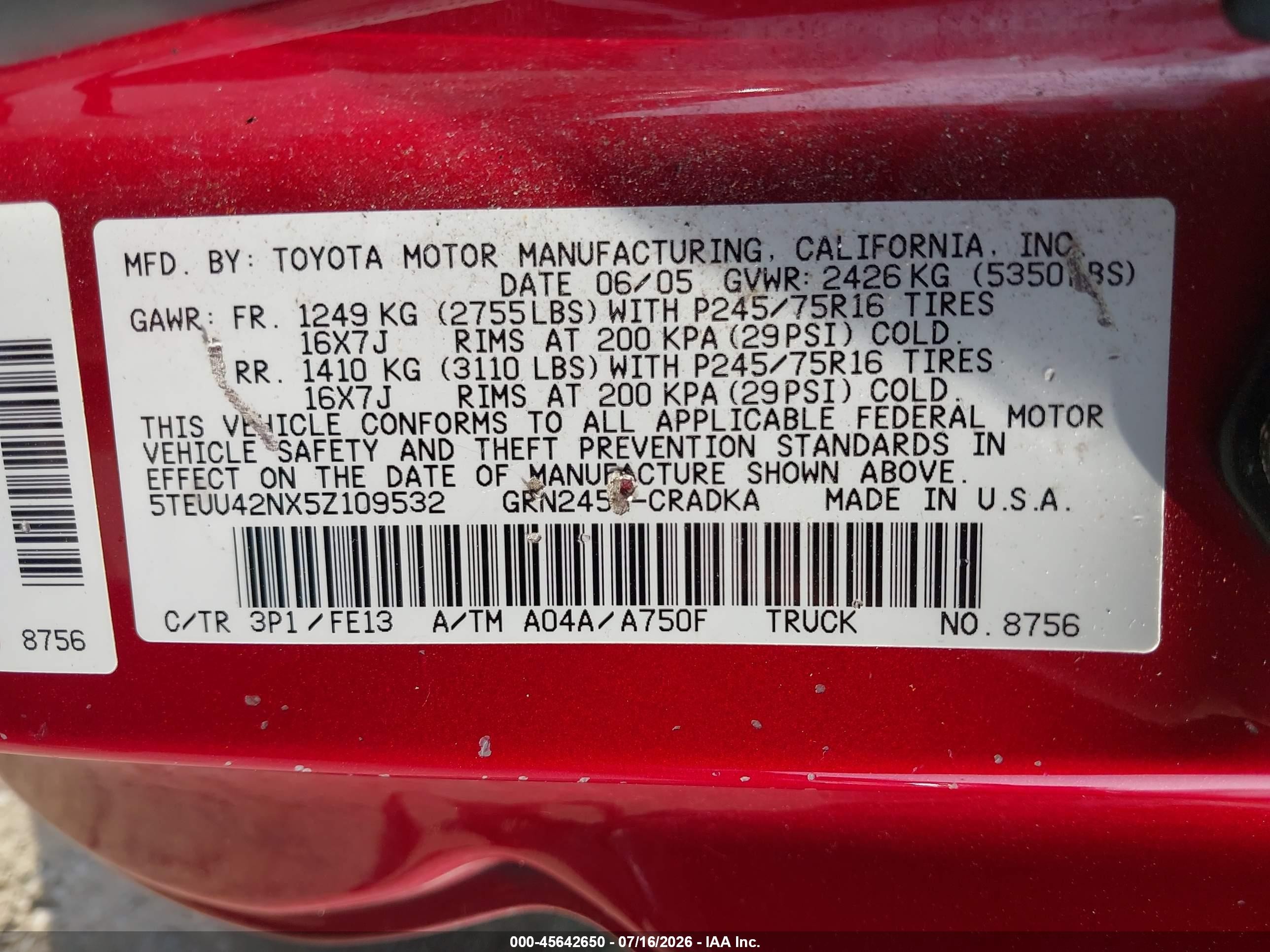 2005 Toyota Tacoma Base V6 Red vin: 5TEUU42NX5Z109532