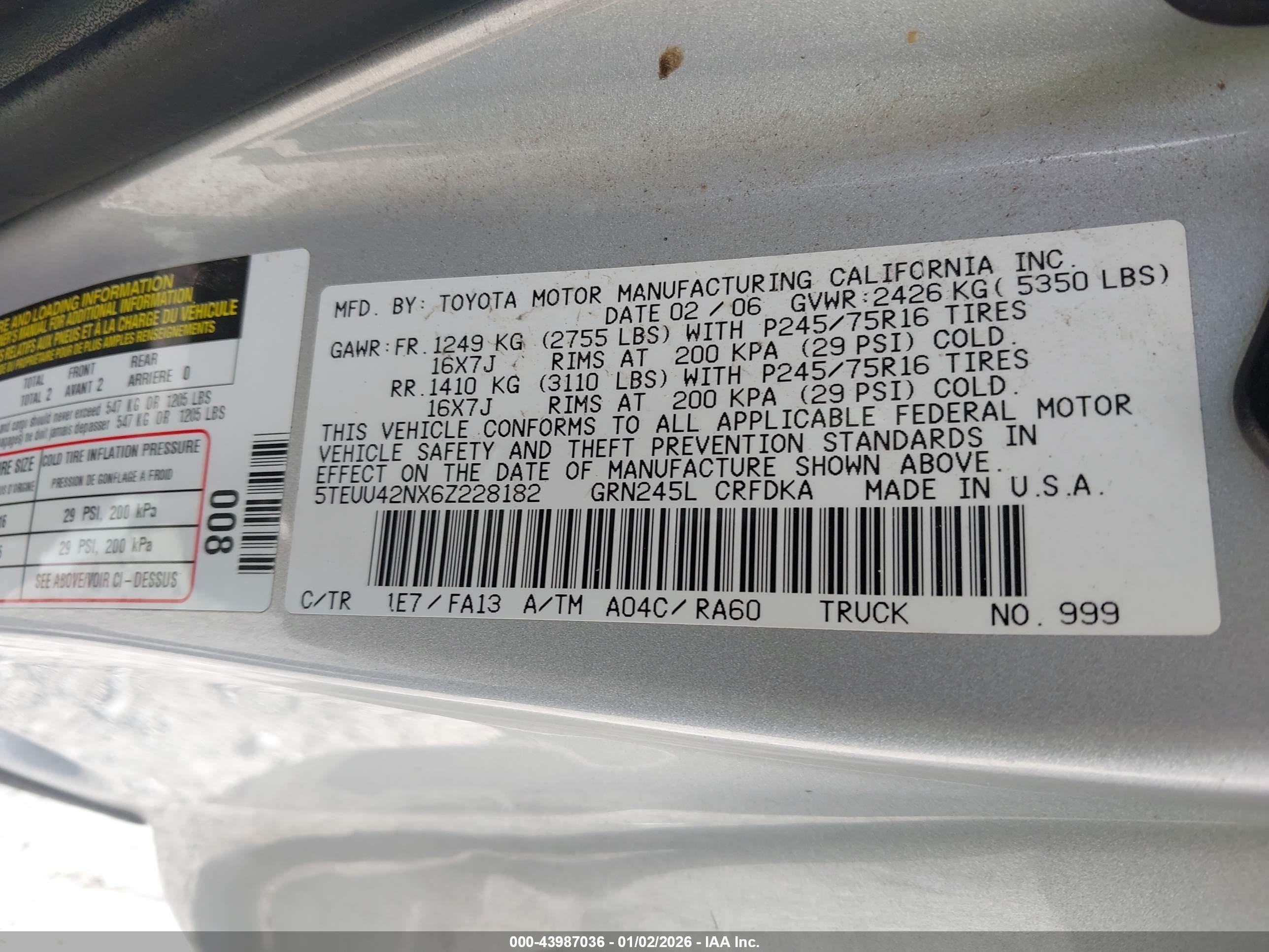 2006 Toyota Tacoma Base V6 Silver vin: 5TEUU42NX6Z228182