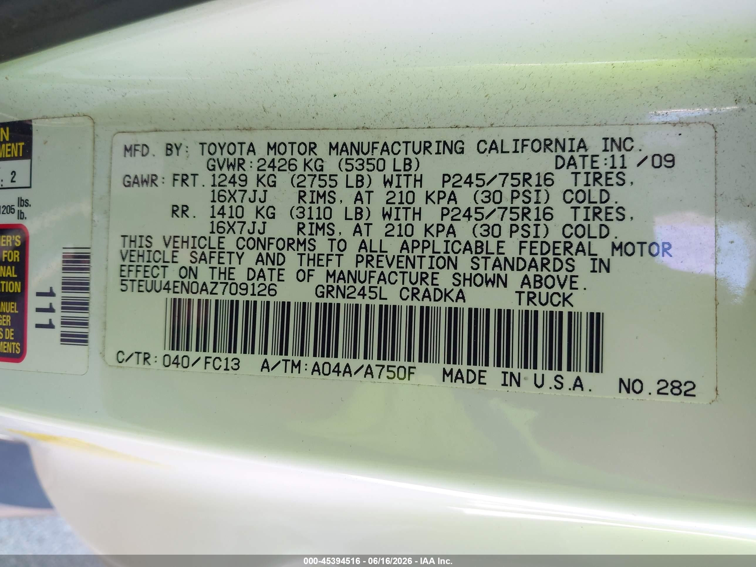 2010 Toyota Tacoma Base V6 White vin: 5TEUU4EN0AZ709126