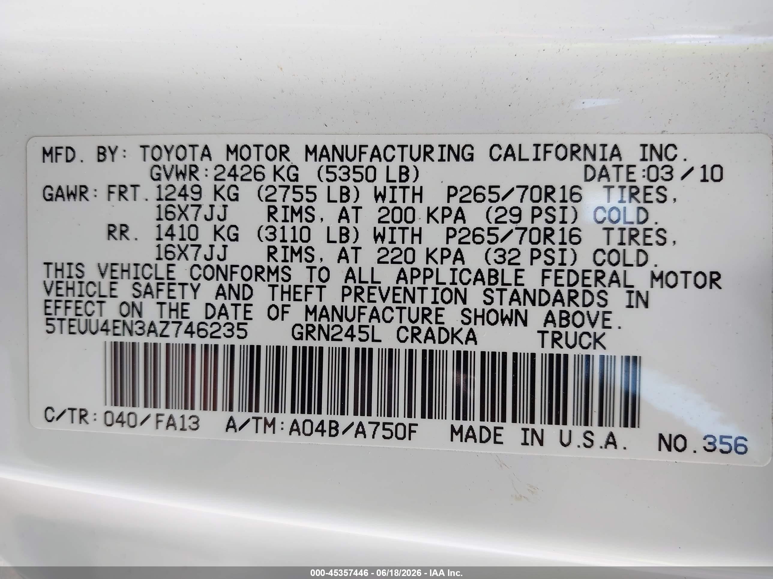 2010 Toyota Tacoma Base V6 White vin: 5TEUU4EN3AZ746235
