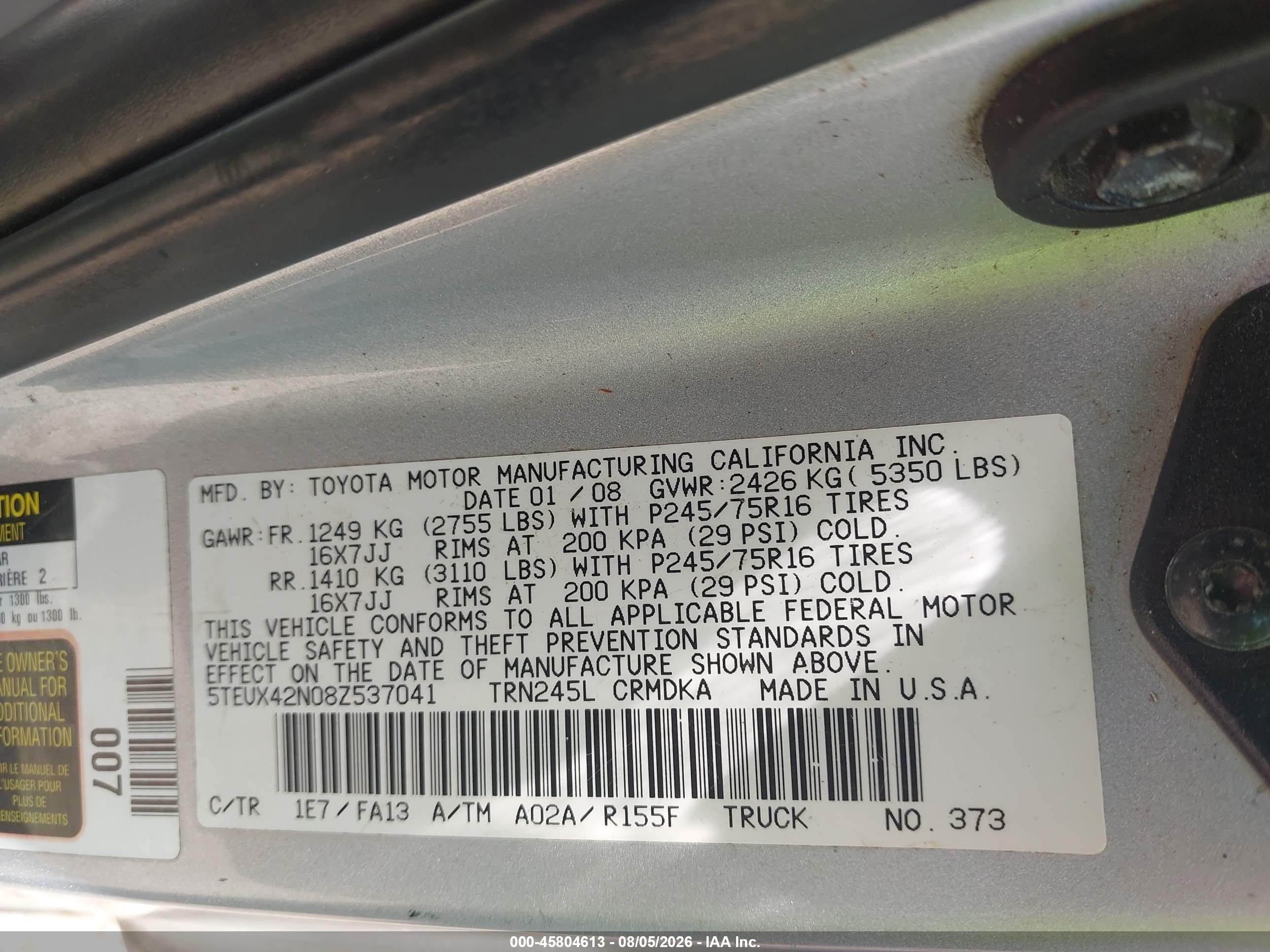 2008 Toyota Tacoma   Silver vin: 5TEUX42N08Z537041
