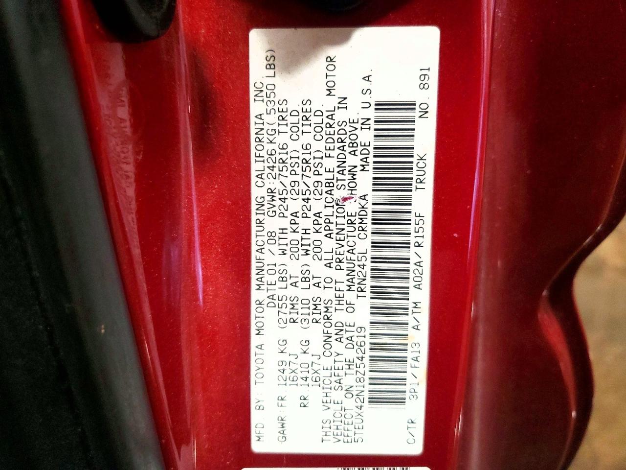 2008 Toyota Tacoma Access Cab Red vin: 5TEUX42N18Z542619