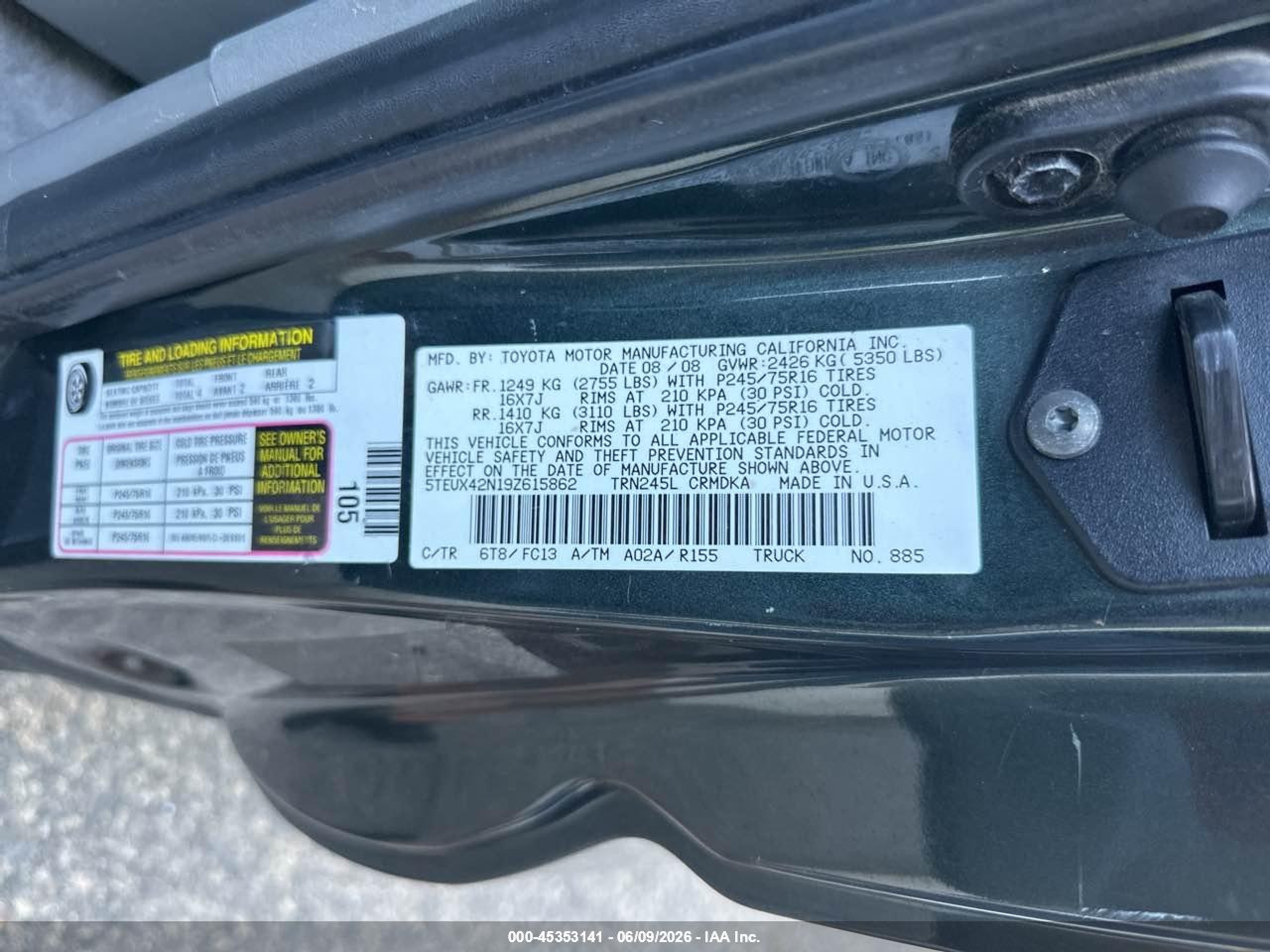 2009 Toyota Tacoma   Green vin: 5TEUX42N19Z615862