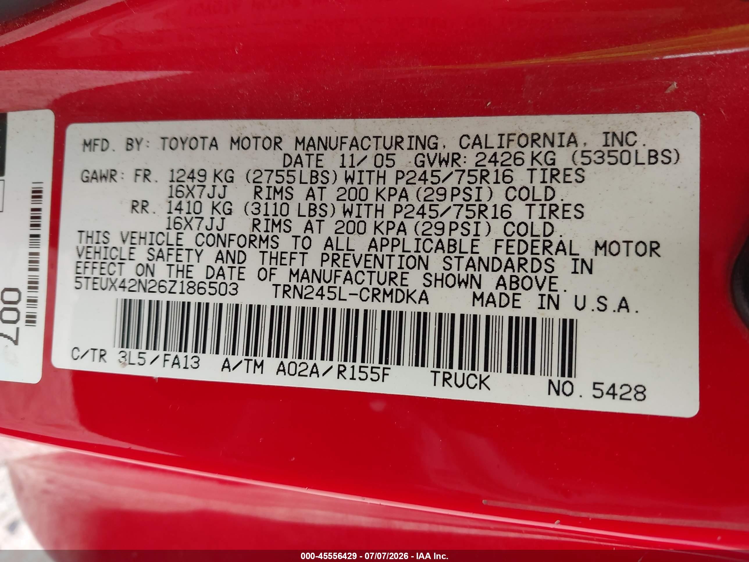 2006 Toyota Tacoma   Red vin: 5TEUX42N26Z186503
