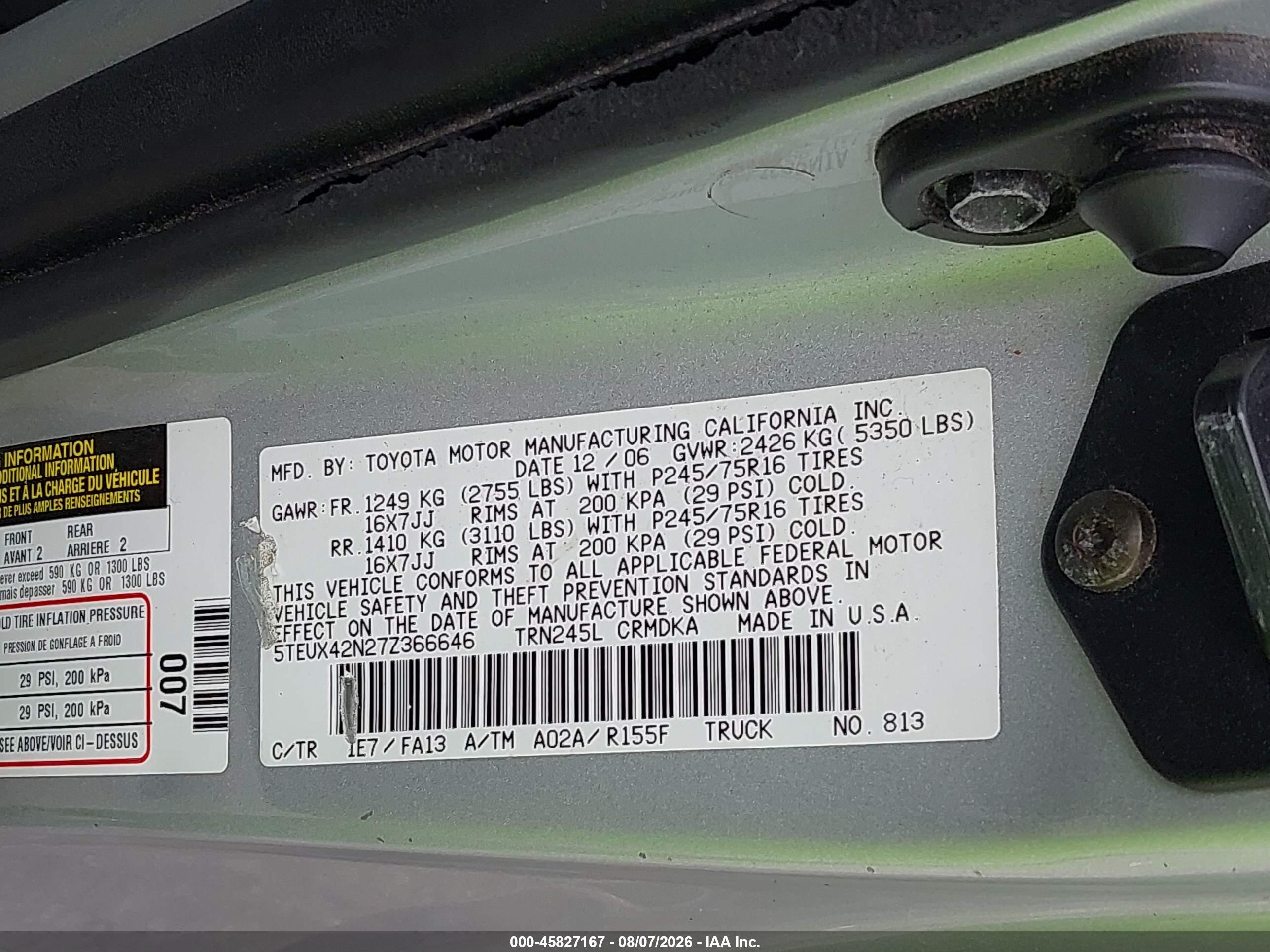 2007 Toyota Tacoma   Silver vin: 5TEUX42N27Z366646