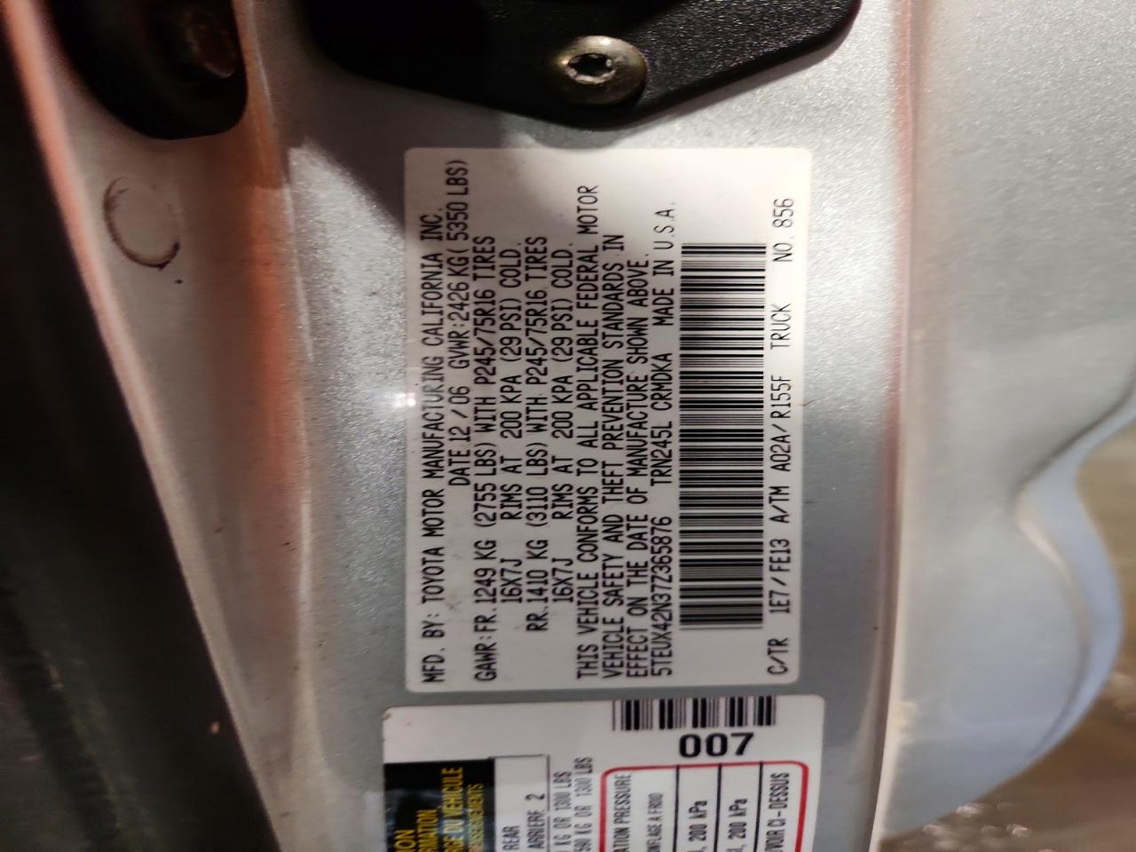 2007 Toyota Tacoma Base Серебряный vin: 5TEUX42N37Z365876