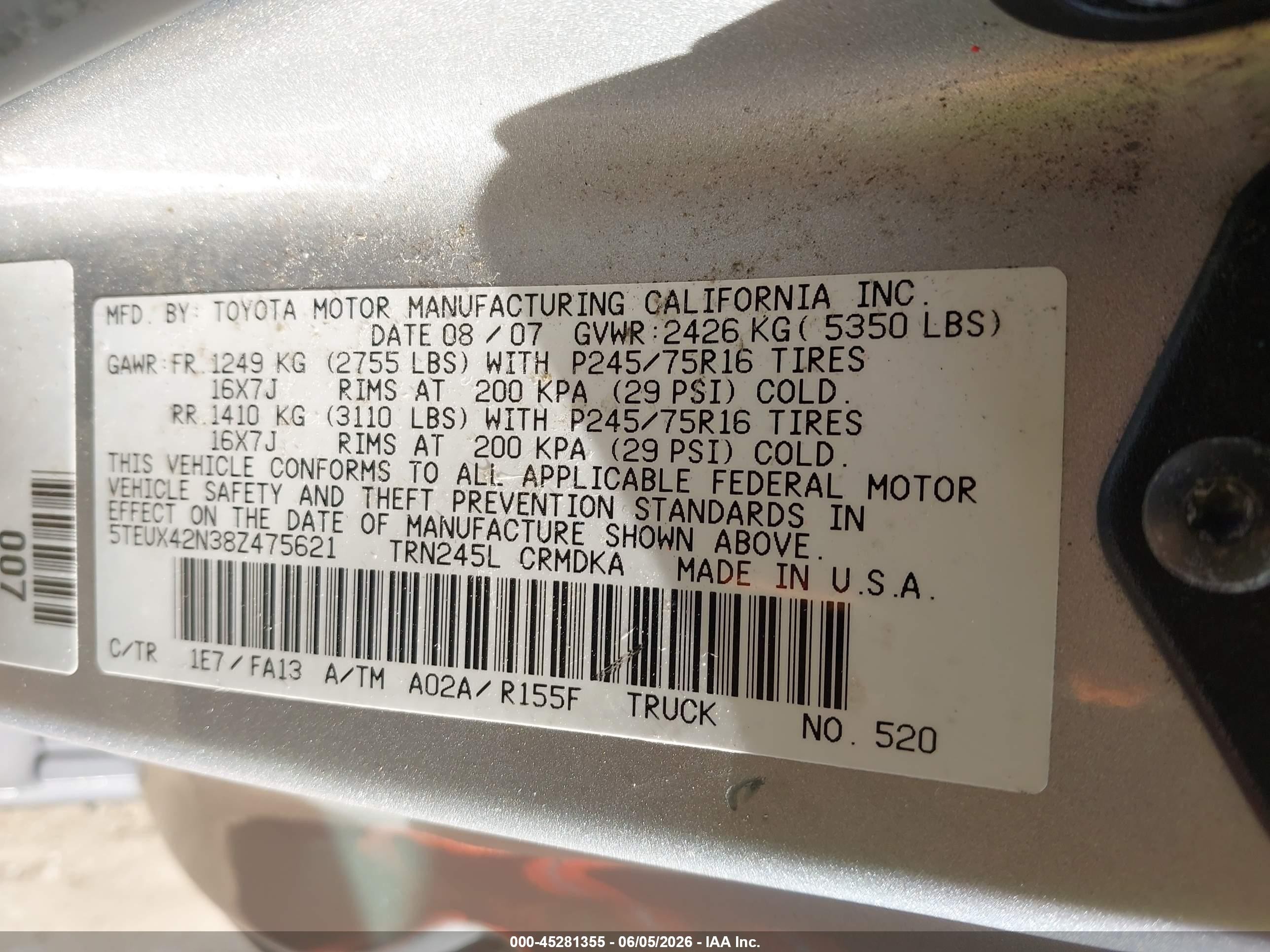2008 Toyota Tacoma   Silver vin: 5TEUX42N38Z475621