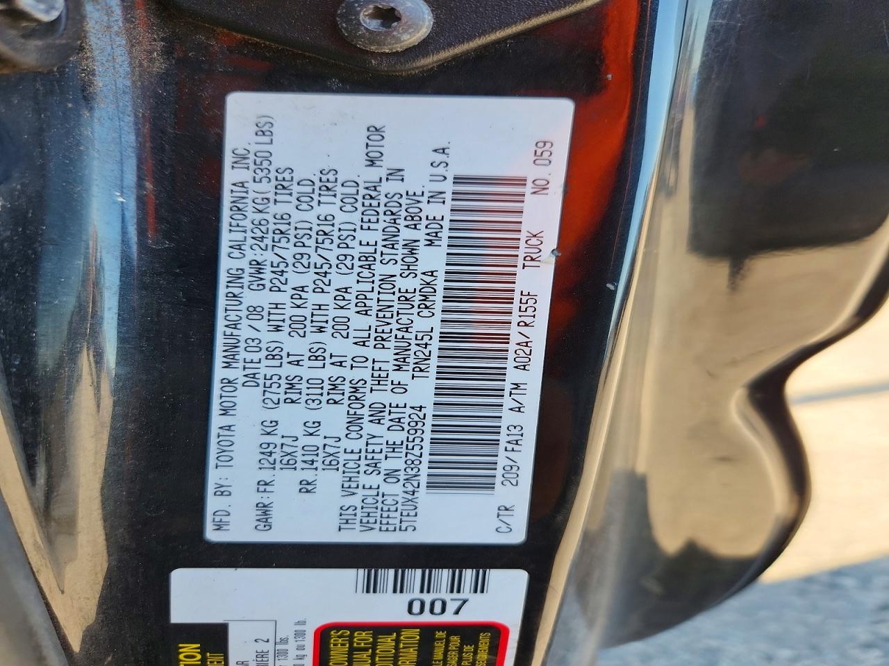 2008 Toyota Tacoma Access Cab Black vin: 5TEUX42N38Z559924