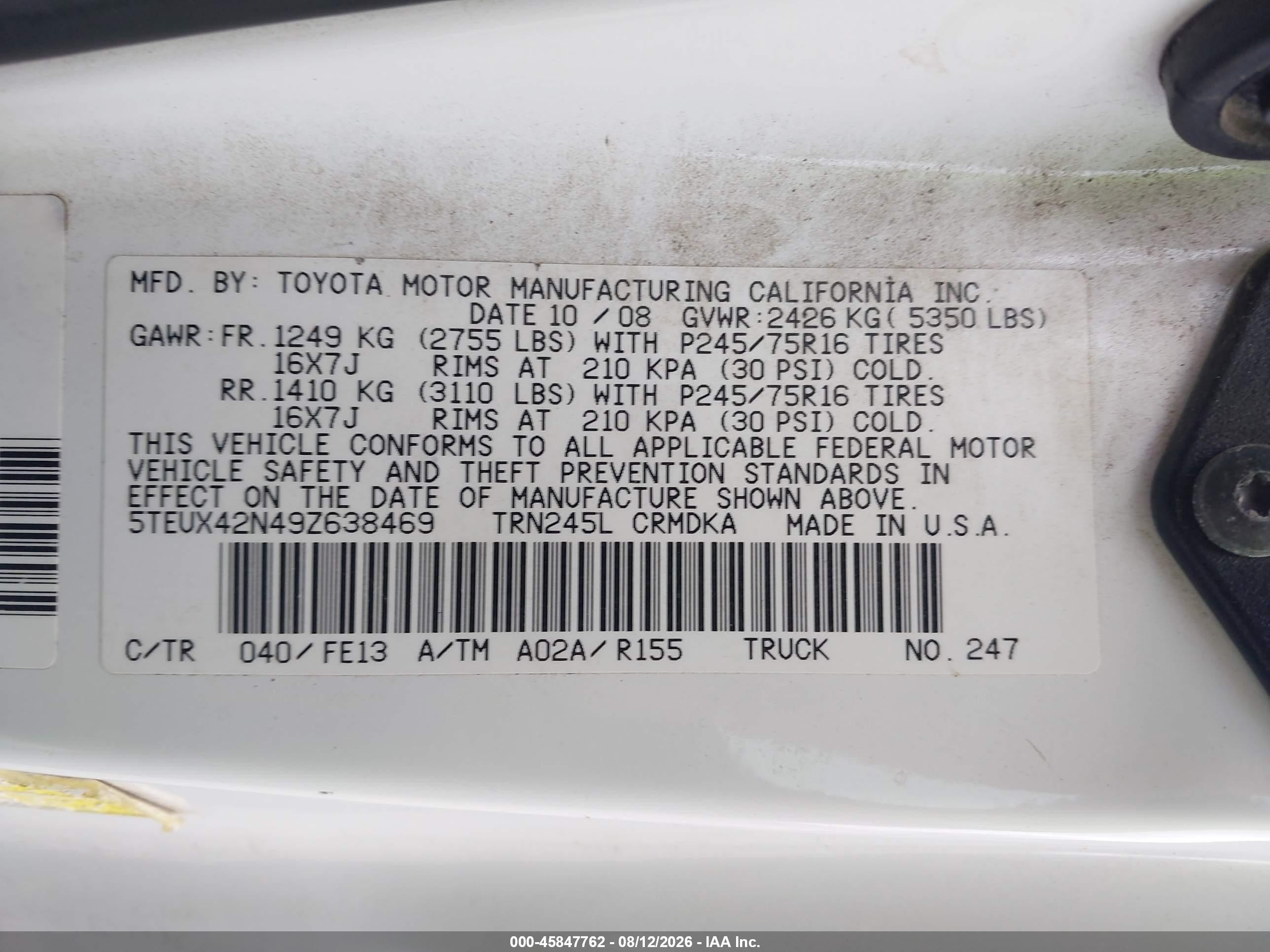 2009 Toyota Tacoma   White vin: 5TEUX42N49Z638469