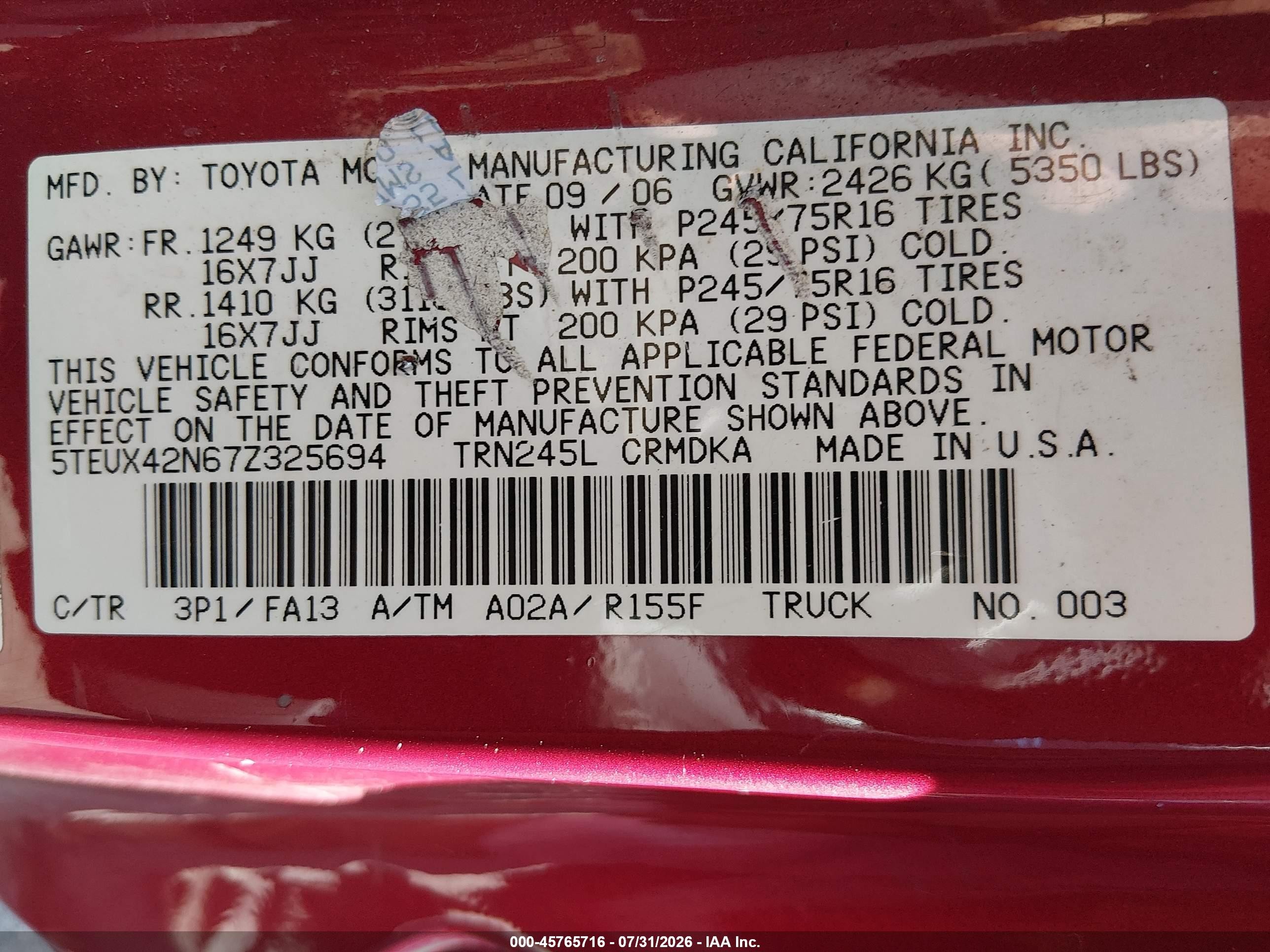 2007 Toyota Tacoma   Red vin: 5TEUX42N67Z325694