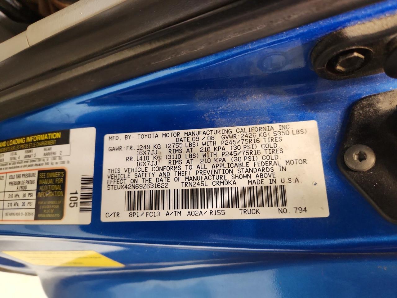 2009 Toyota Tacoma Access Cab Blue vin: 5TEUX42N69Z631622