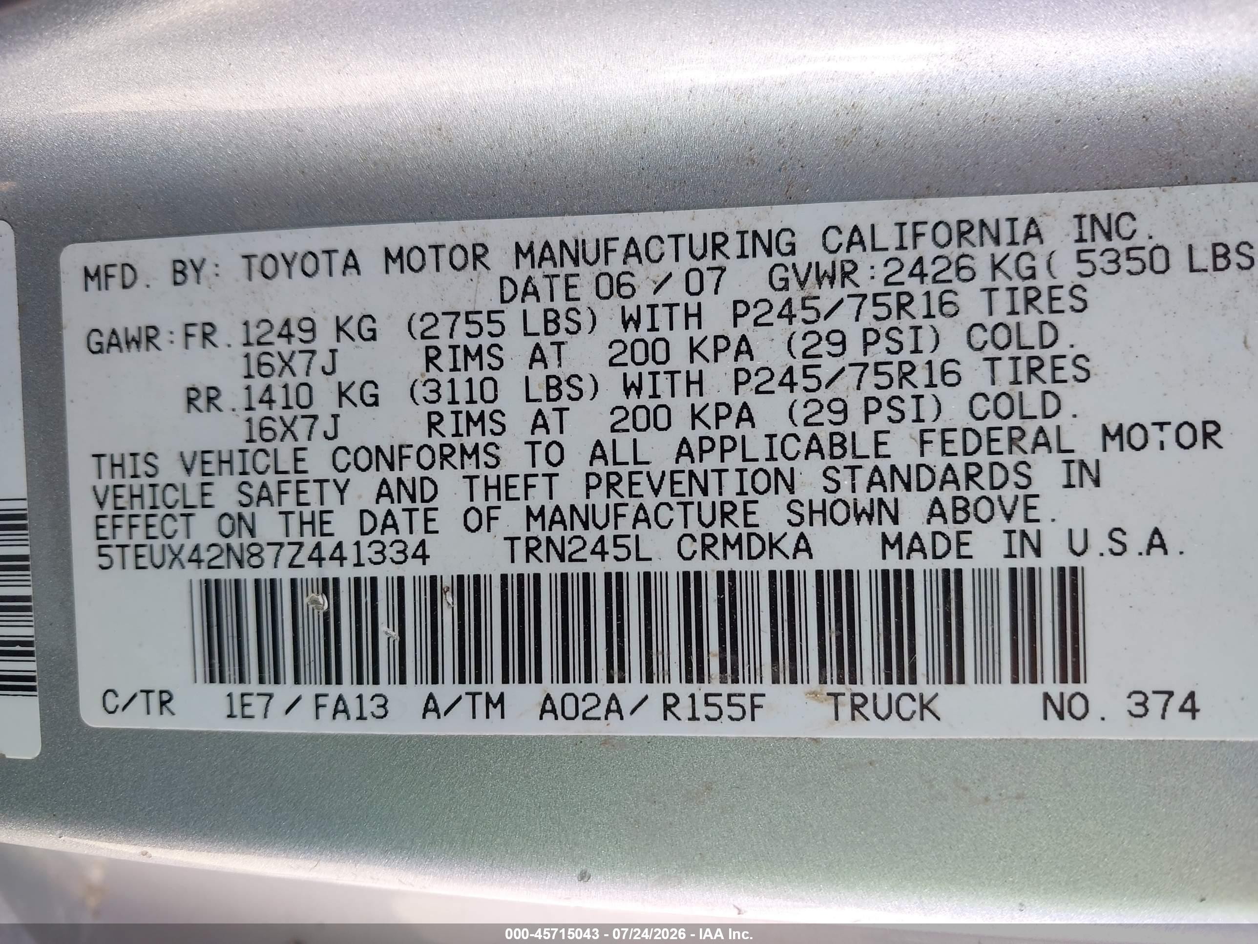 2007 Toyota Tacoma   Silver vin: 5TEUX42N87Z441334