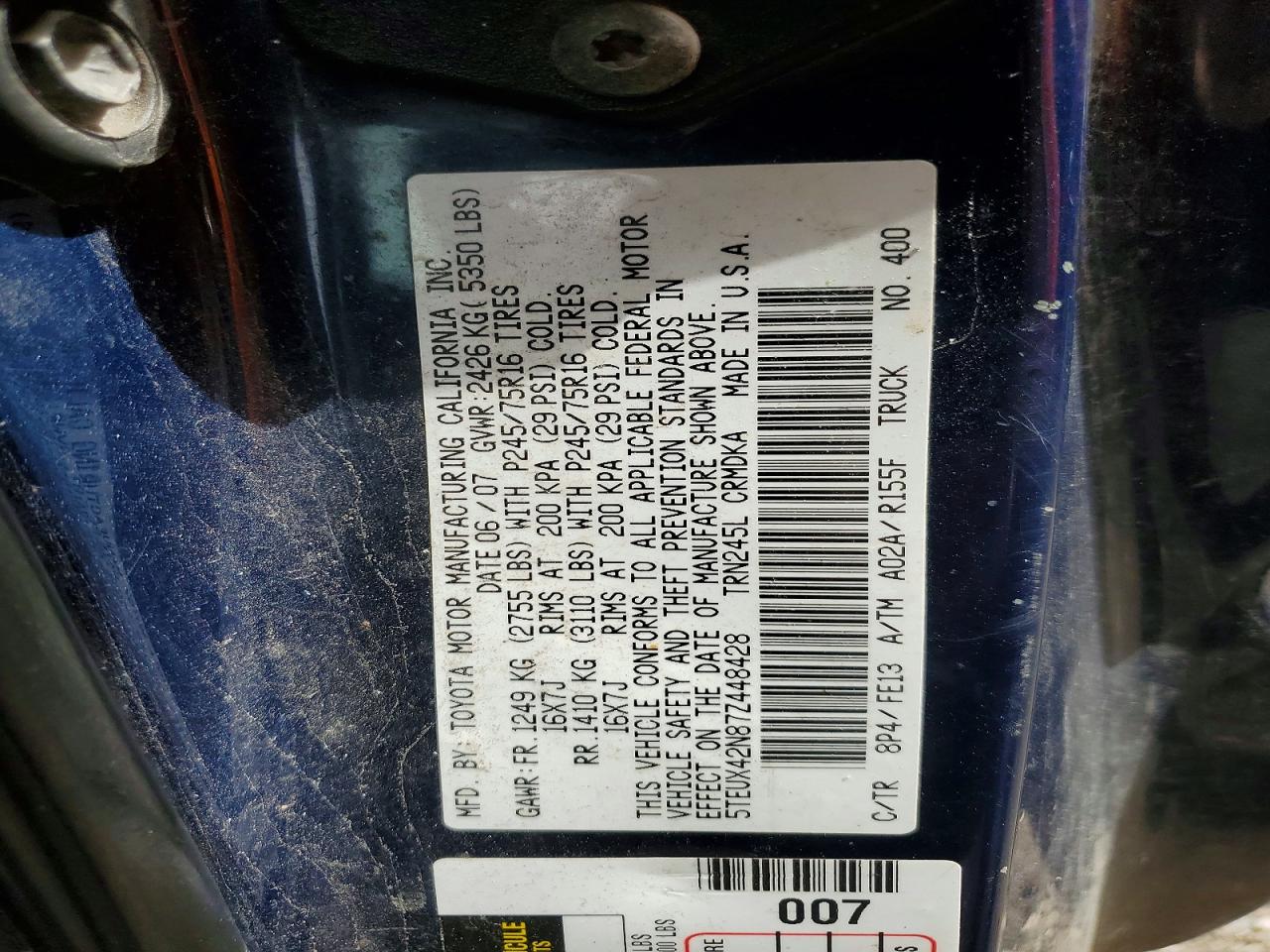 2007 Toyota Tacoma Access Cab Blue vin: 5TEUX42N87Z448428