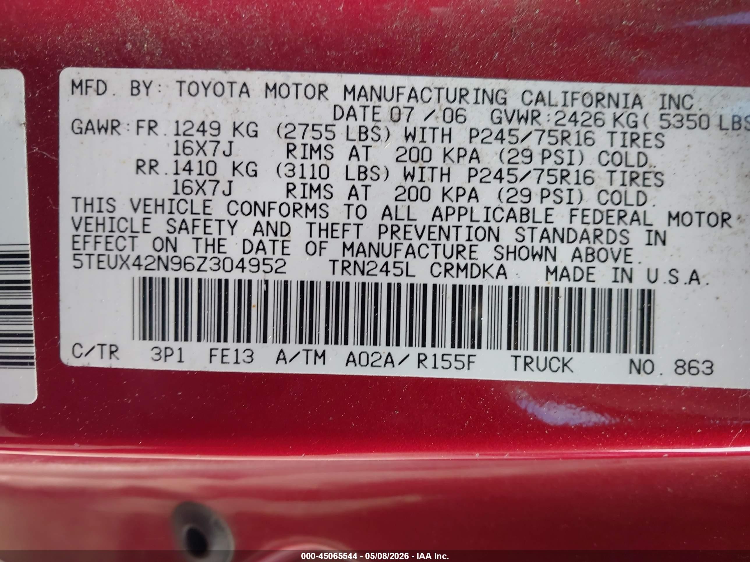 2006 Toyota Tacoma   Red vin: 5TEUX42N96Z304952