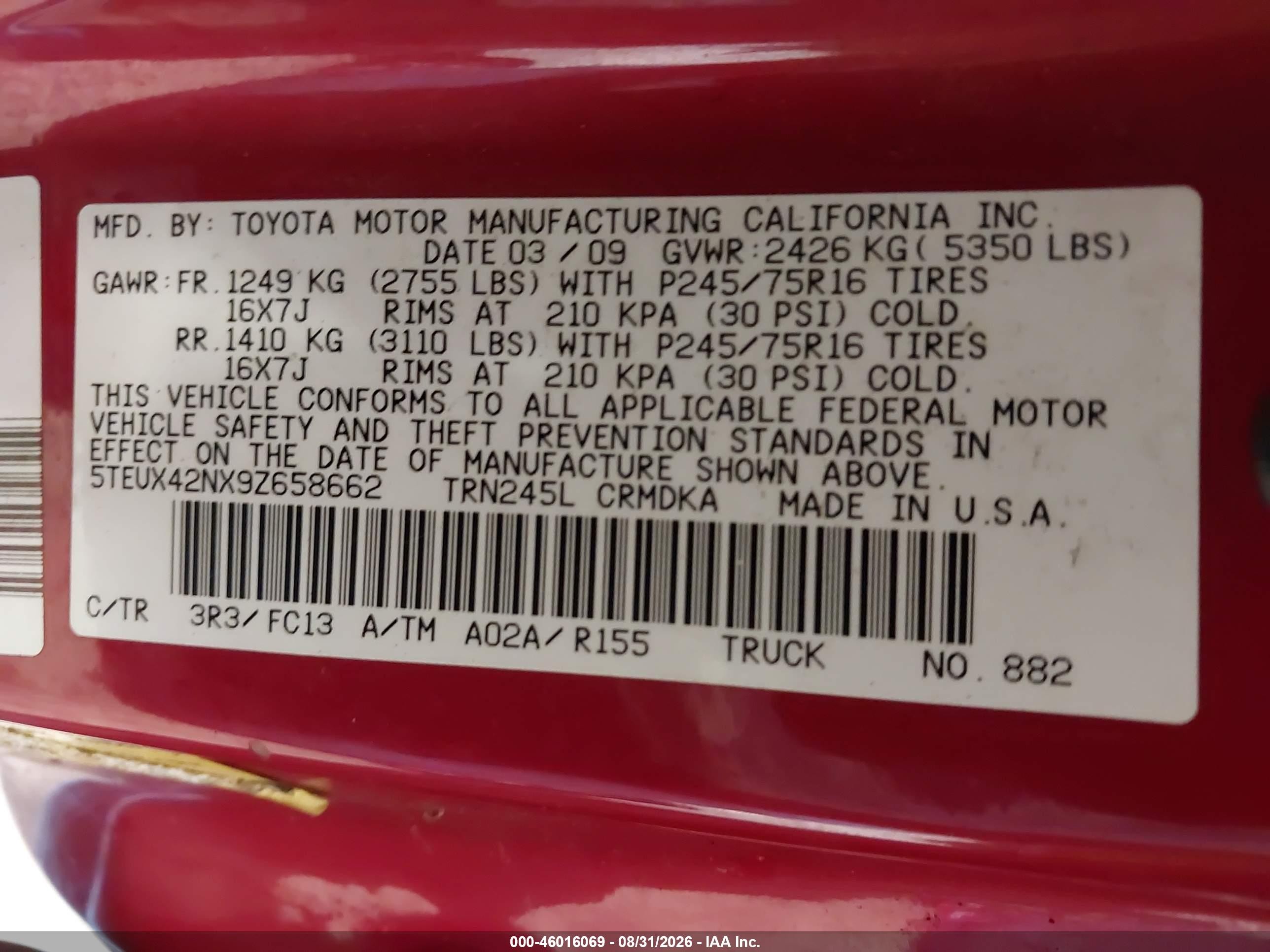 2009 Toyota Tacoma   Red vin: 5TEUX42NX9Z658662