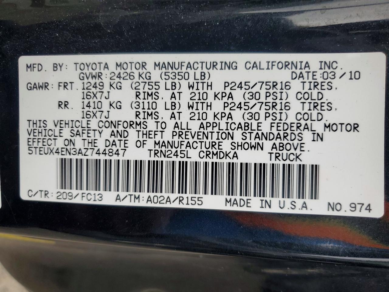 2010 Toyota Tacoma Access Cab Black vin: 5TEUX4EN3AZ744847