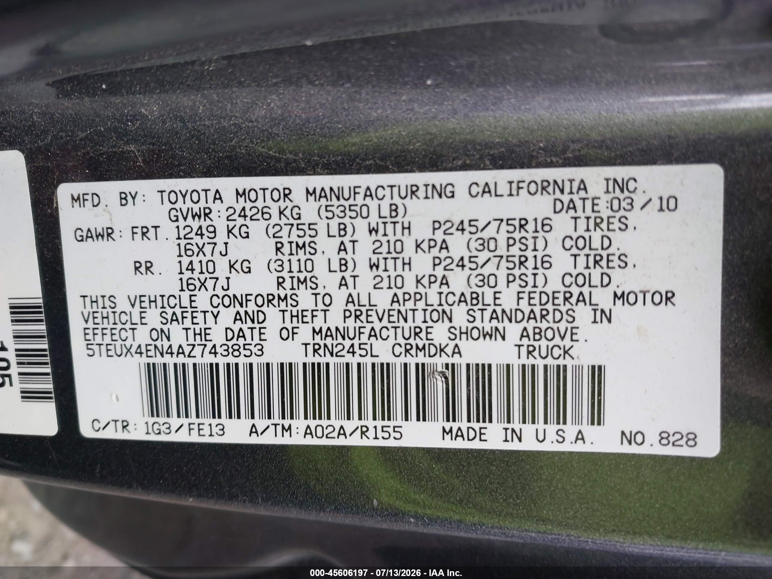 2010 Toyota Tacoma   Серый vin: 5TEUX4EN4AZ743853
