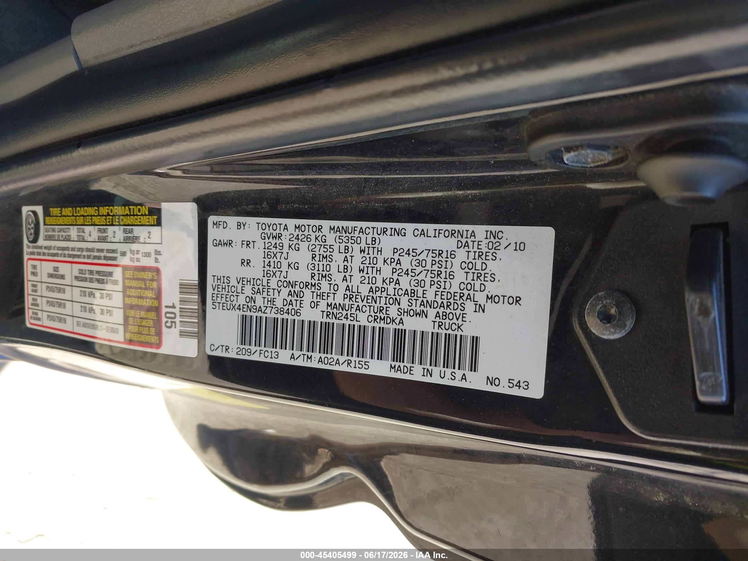 2010 Toyota Tacoma   Black vin: 5TEUX4EN9AZ738406