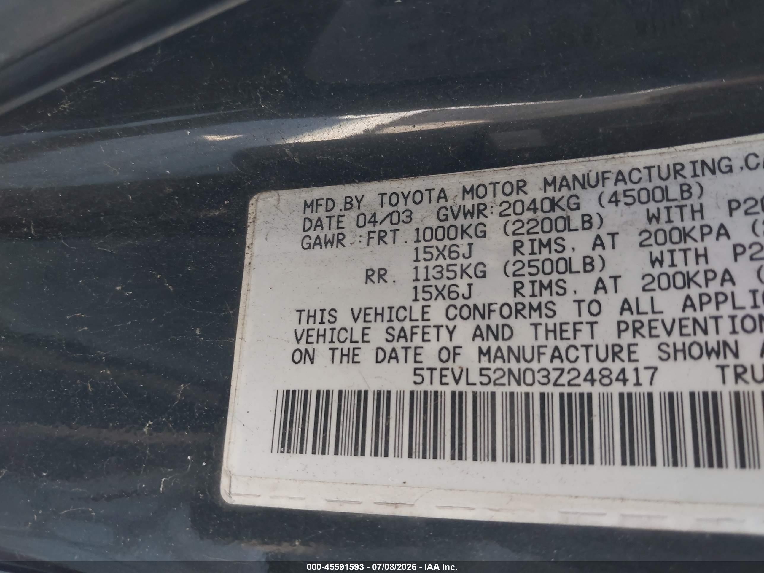 2003 Toyota Tacoma   Black vin: 5TEVL52N03Z248417