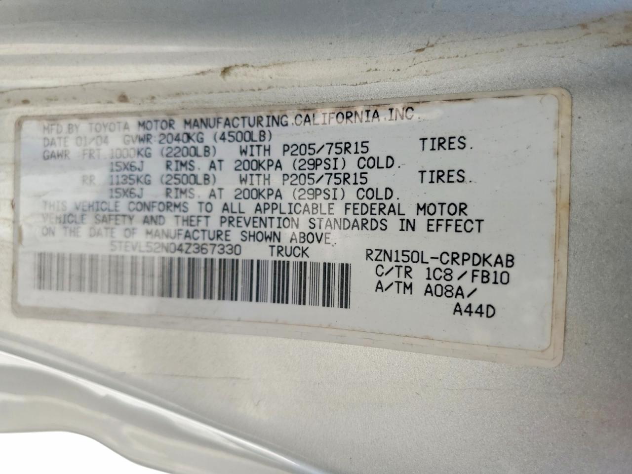 2004 Toyota Tacoma Base Silver vin: 5TEVL52N04Z367330