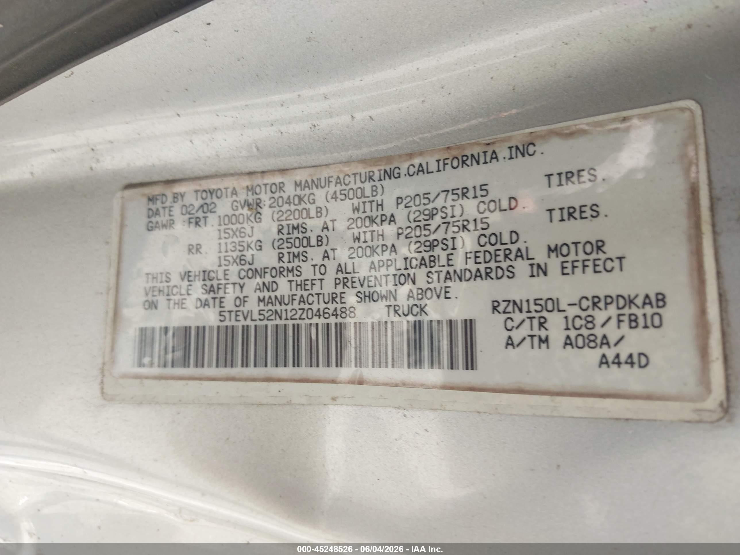 2002 Toyota Tacoma Silver vin: 5TEVL52N12Z046488