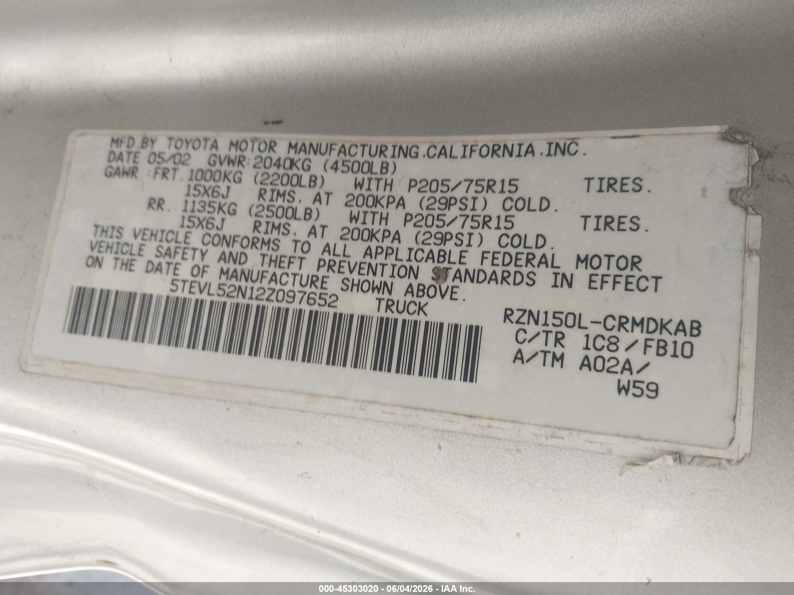 2002 Toyota Tacoma   Silver vin: 5TEVL52N12Z097652