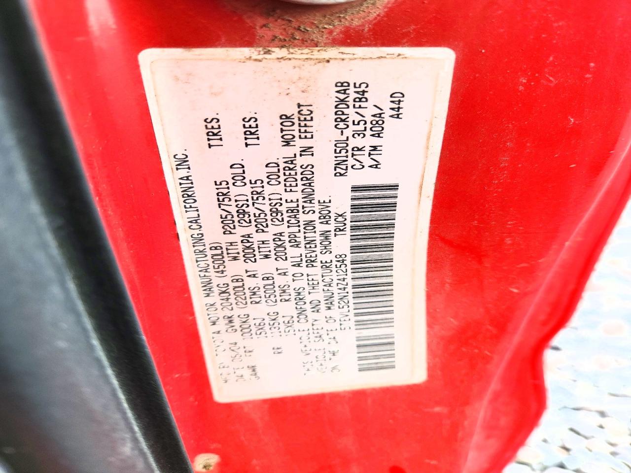 2004 Toyota Tacoma Xtracab Red vin: 5TEVL52N14Z412548