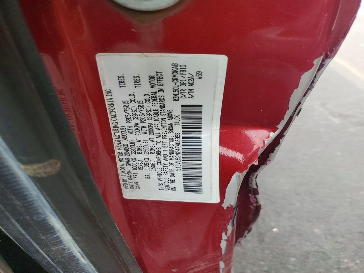 2004 Toyota Tacoma Xtracab Red vin: 5TEVL52N24Z406953