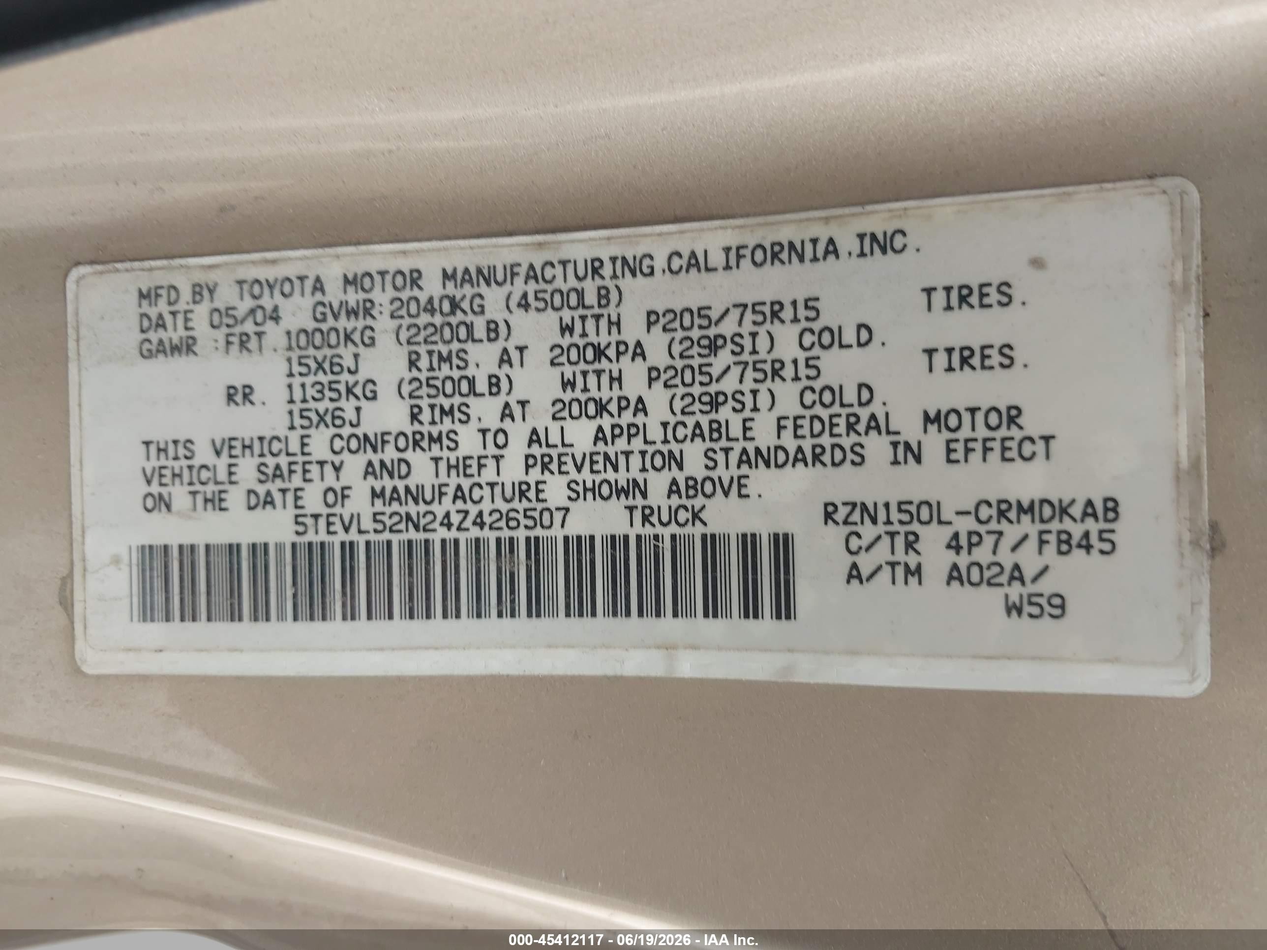 2004 Toyota Tacoma   Gold vin: 5TEVL52N24Z426507
