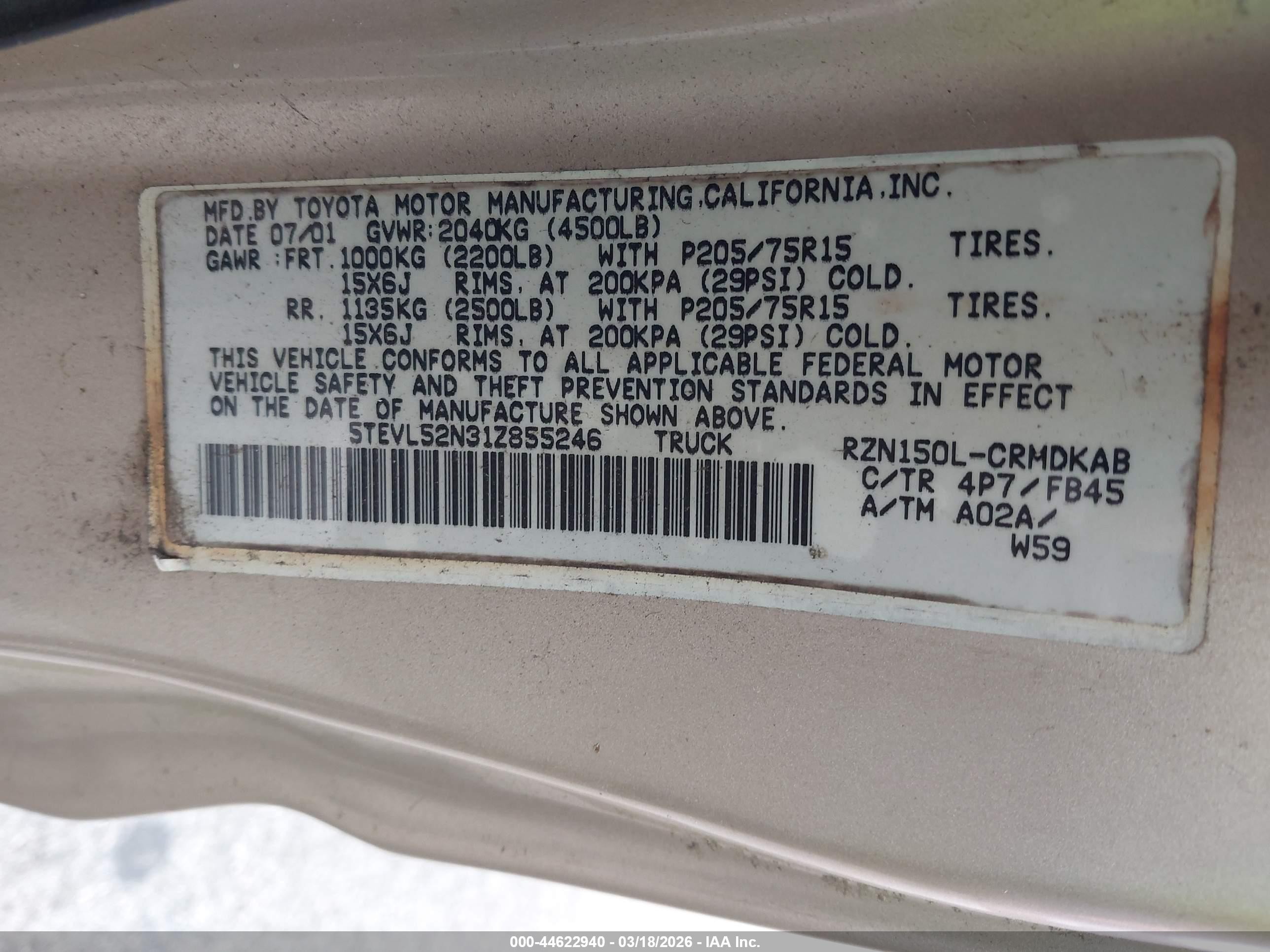 2001 Toyota Tacoma   Gold vin: 5TEVL52N31Z855246