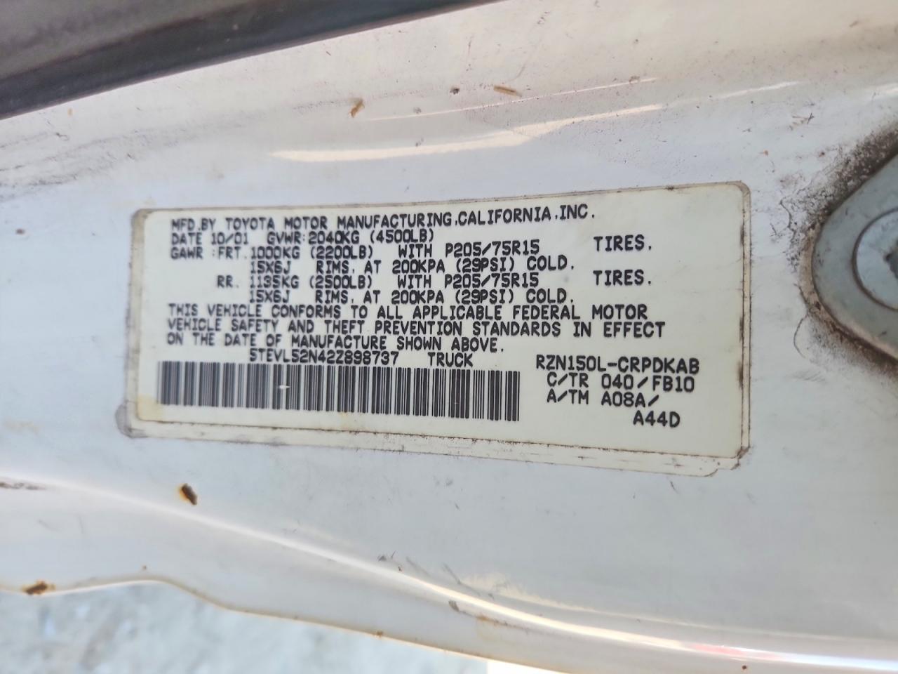 2002 Toyota Tacoma White vin: 5TEVL52N42Z898737