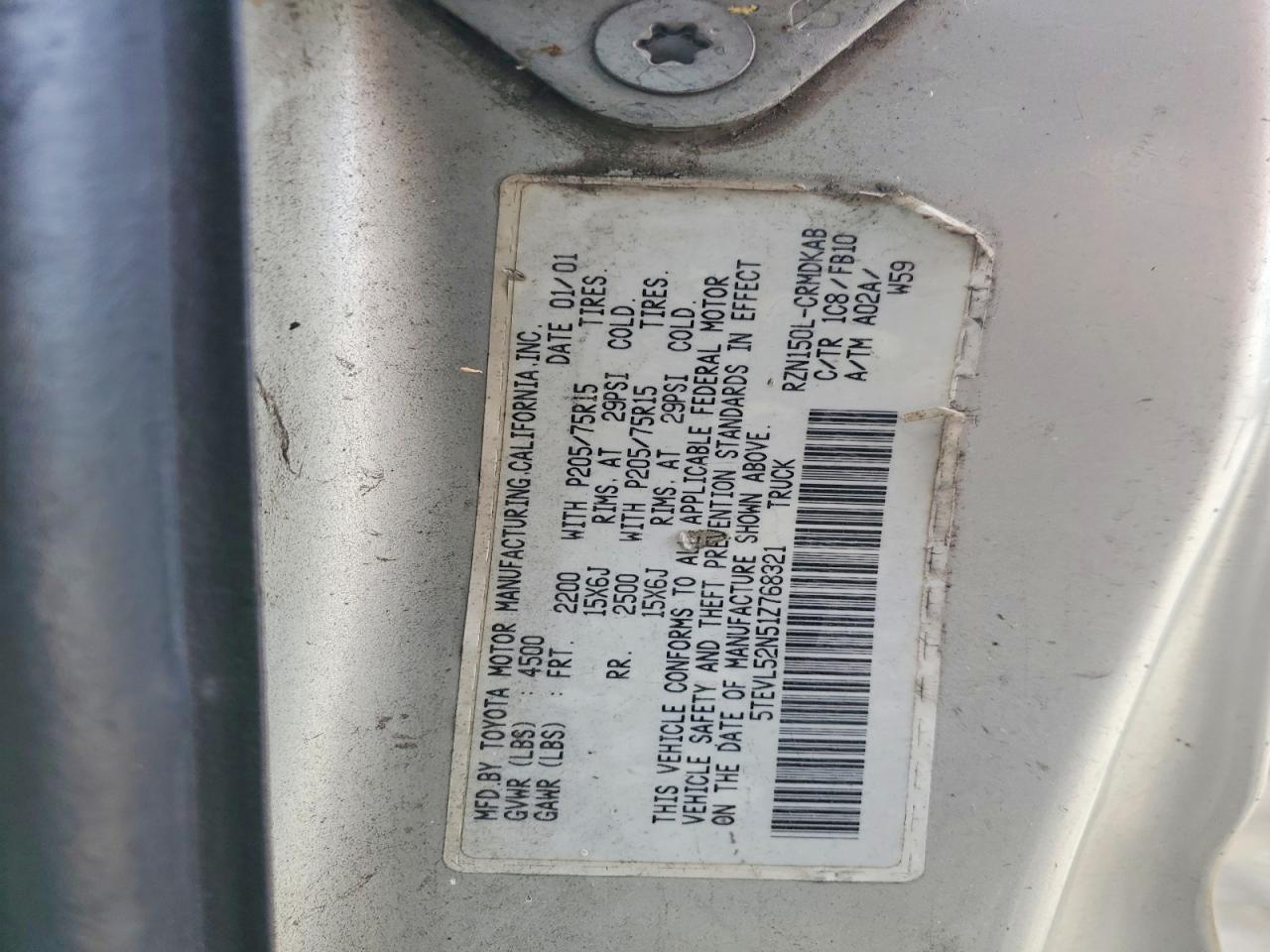 2001 Toyota Tacoma Xtracab Gray vin: 5TEVL52N51Z768321