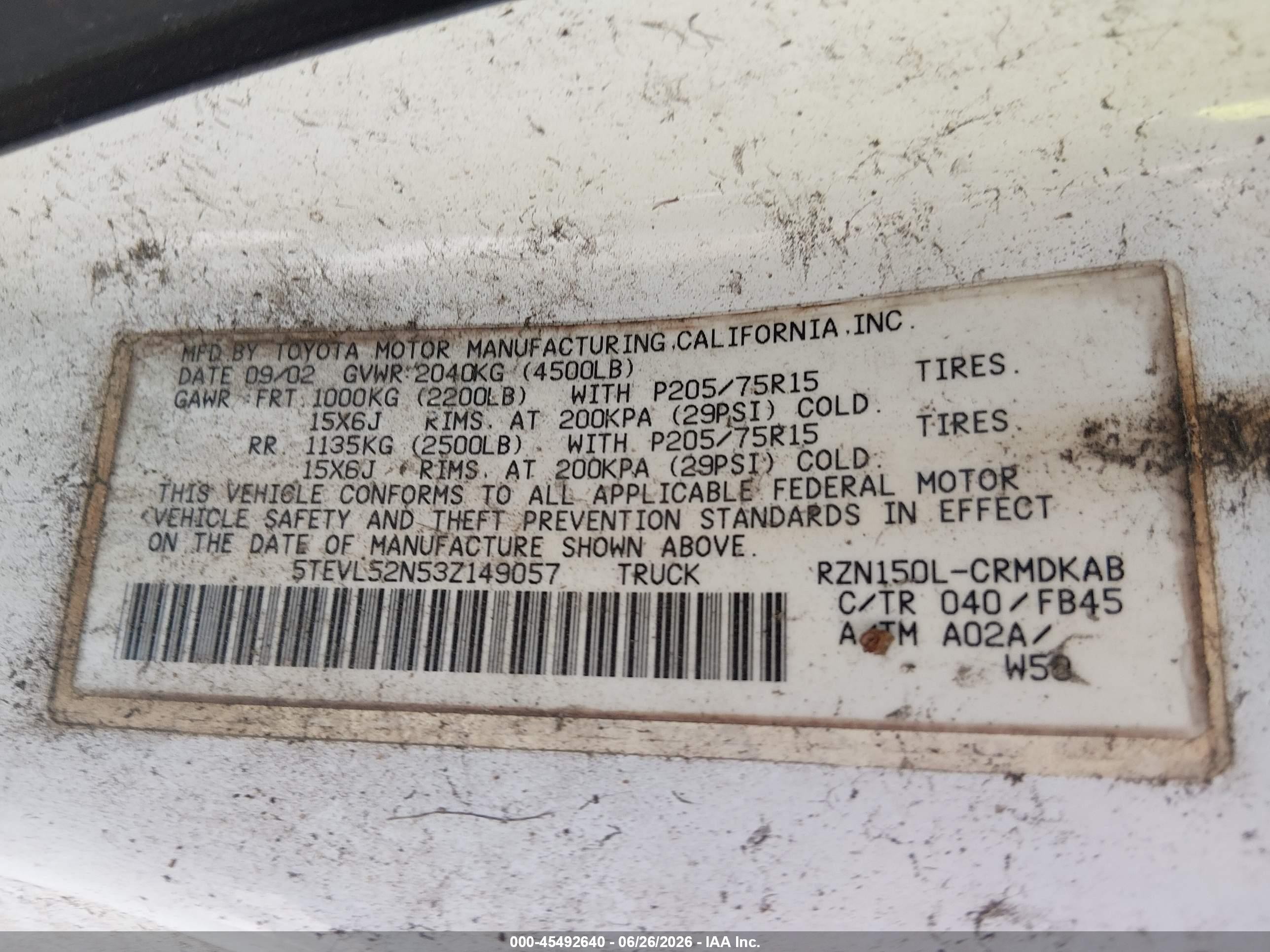 2003 Toyota Tacoma   White vin: 5TEVL52N53Z149057