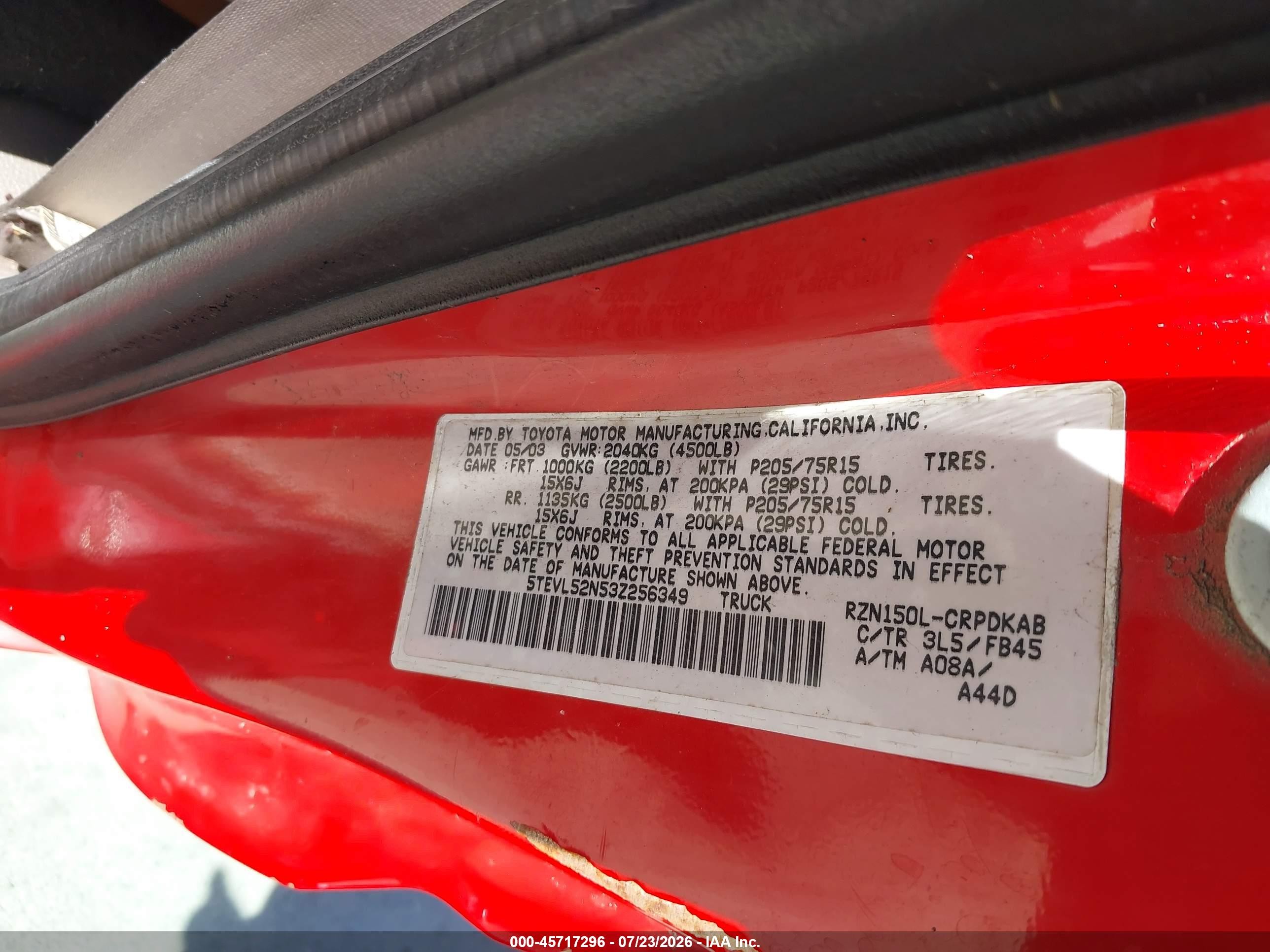 2003 Toyota Tacoma Red vin: 5TEVL52N53Z256349