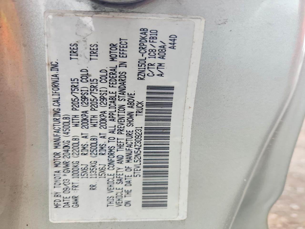 2004 Toyota Tacoma Xtracab Gray vin: 5TEVL52N54Z309231