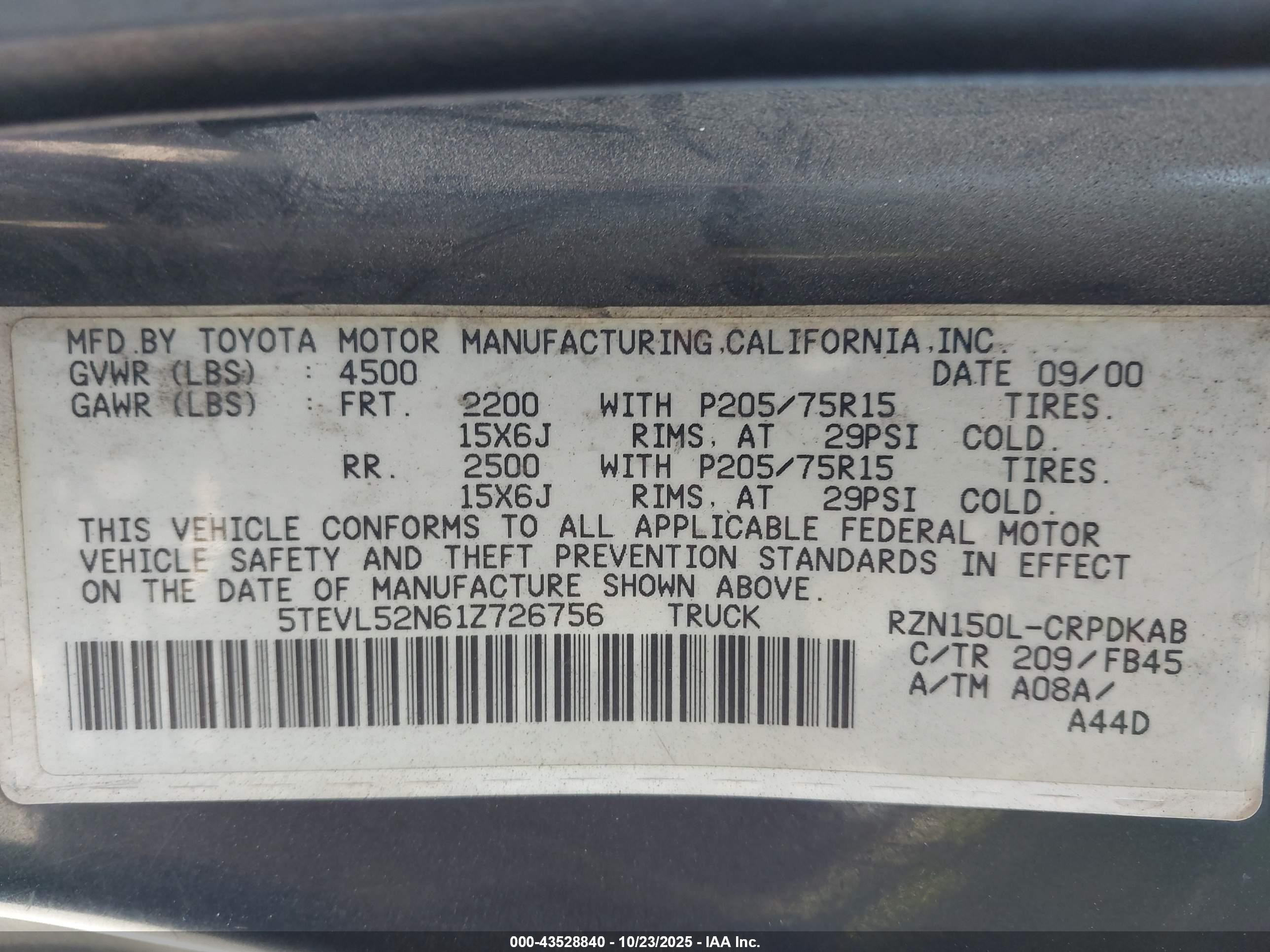 2001 Toyota Tacoma   Brown vin: 5TEVL52N61Z726756