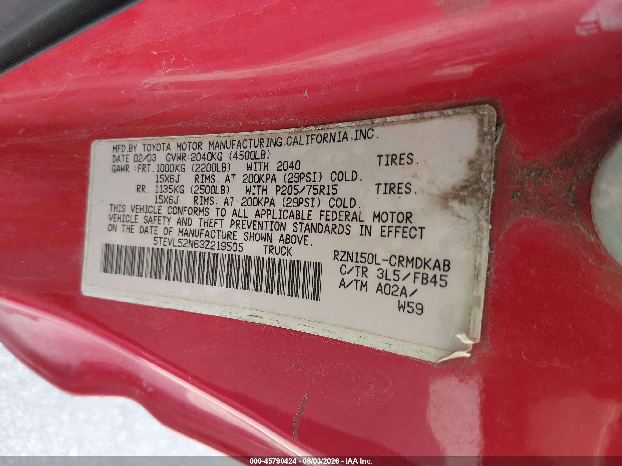 2003 Toyota Tacoma   Red vin: 5TEVL52N63Z219505