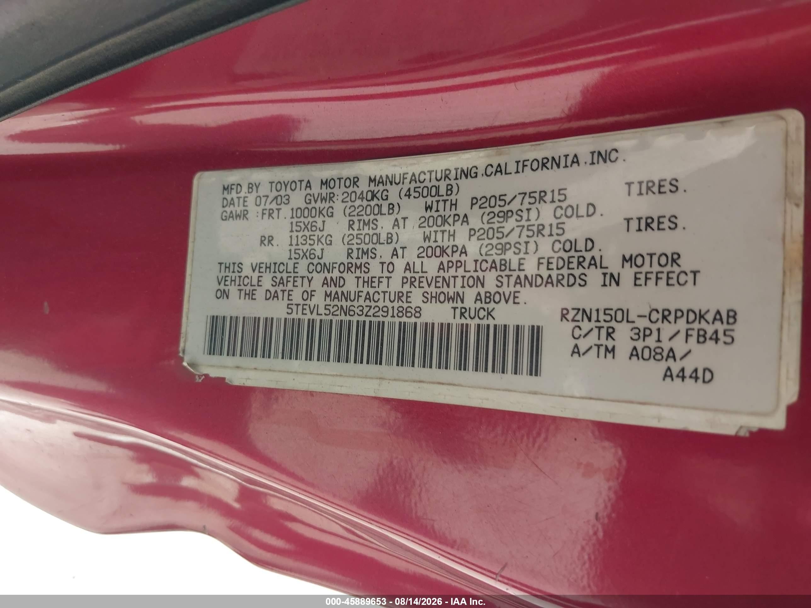 2003 Toyota Tacoma   Burgundy vin: 5TEVL52N63Z291868