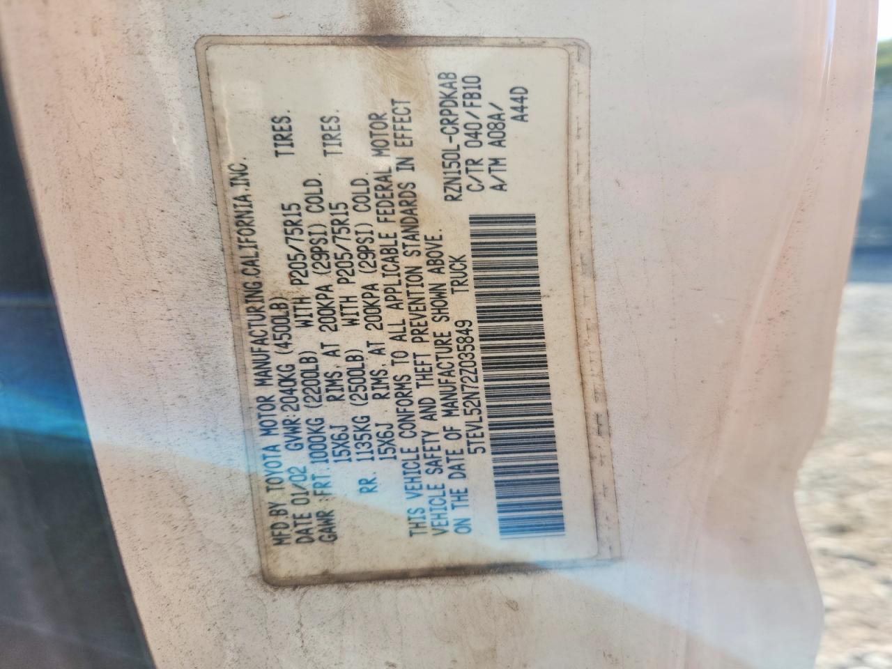 2002 Toyota Tacoma Xtracab White vin: 5TEVL52N72Z035849