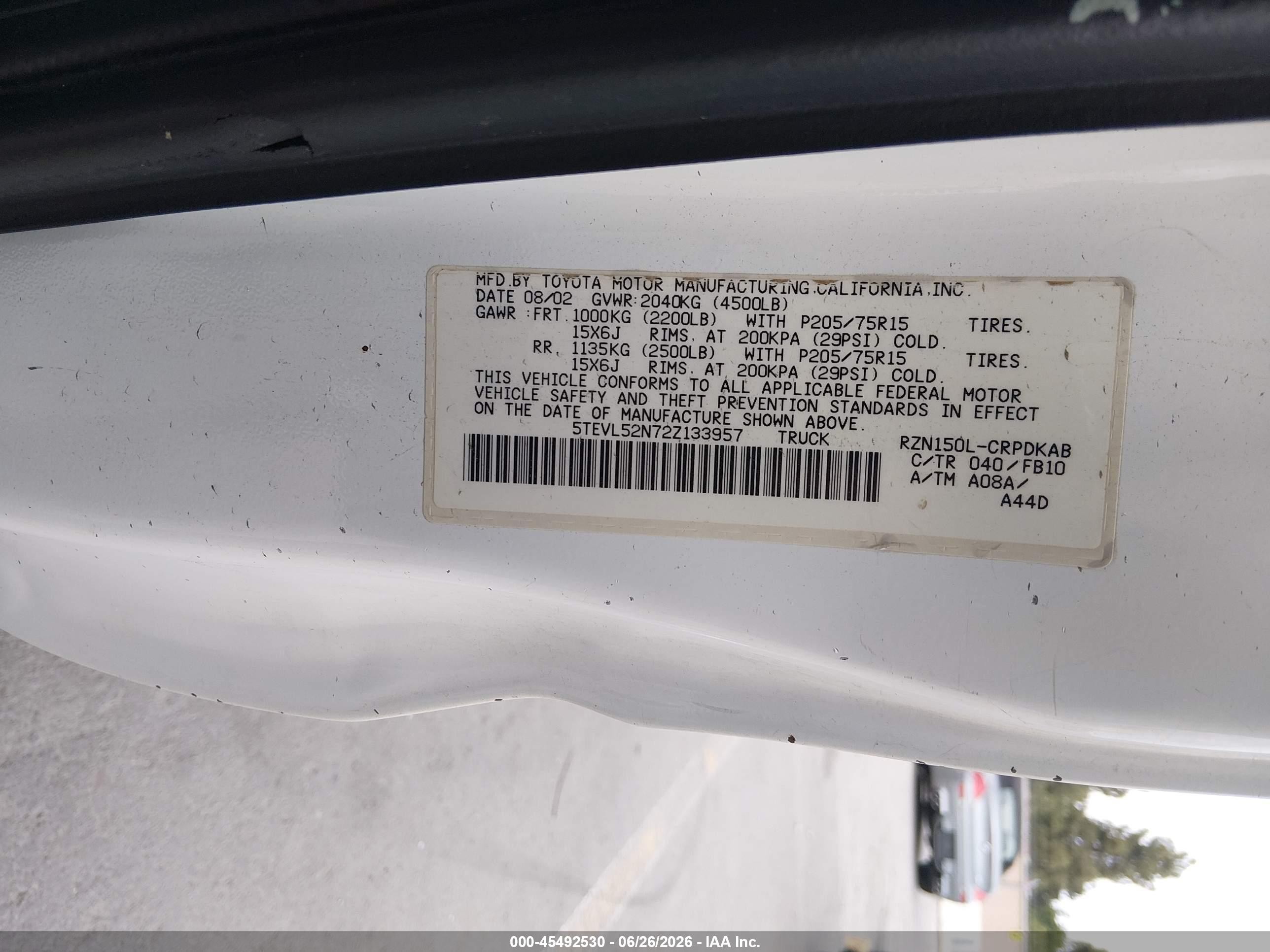 2002 Toyota Tacoma   Белый vin: 5TEVL52N72Z133957