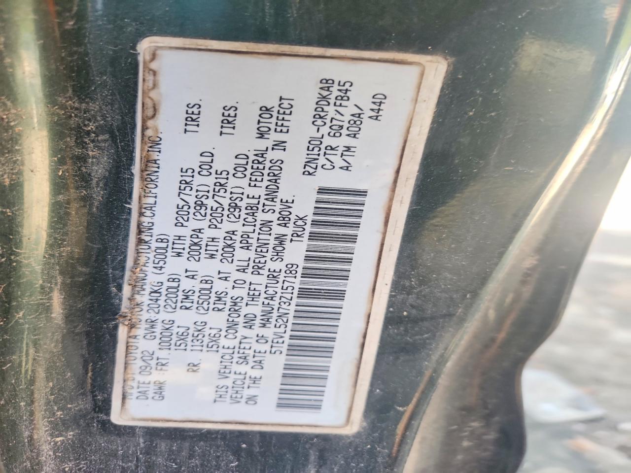 2003 Toyota Tacoma Base Green vin: 5TEVL52N73Z157189