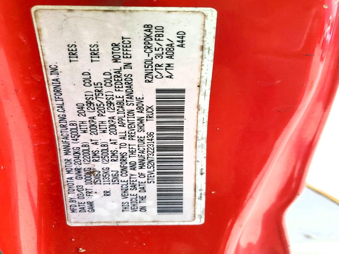 2003 Toyota Tacoma Base Red vin: 5TEVL52N73Z231436