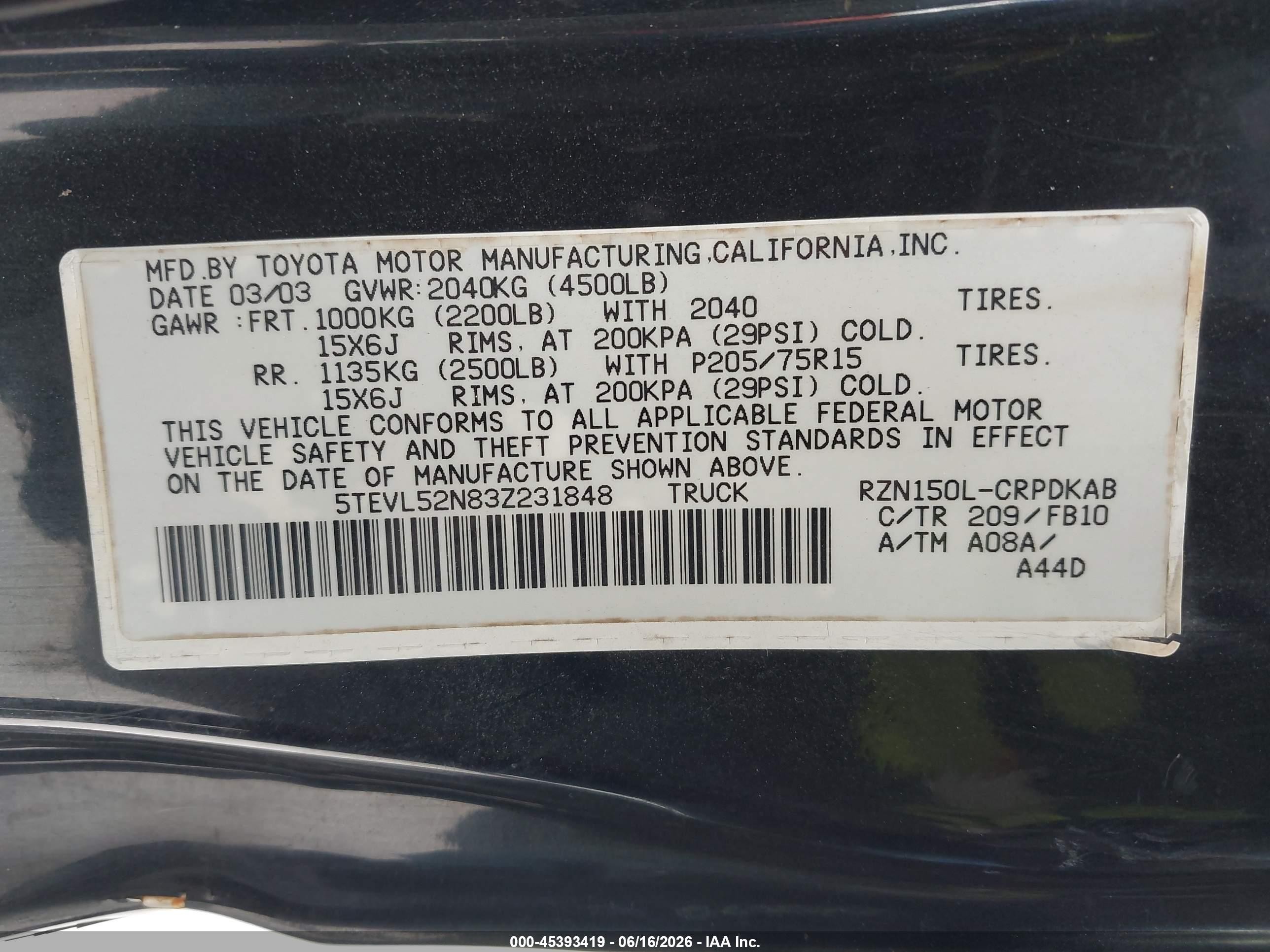 2003 Toyota Tacoma   Black vin: 5TEVL52N83Z231848